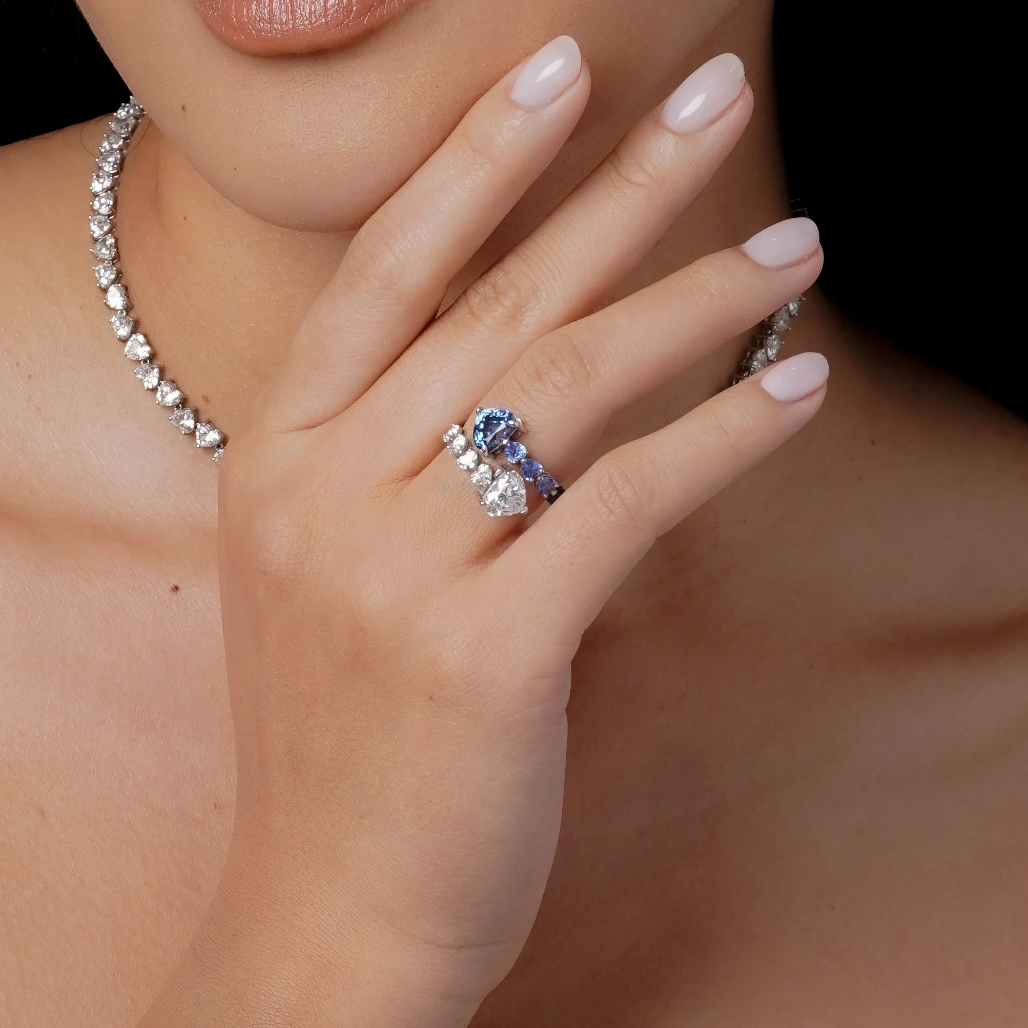 CEYLON BLUE SAPPHIRE & DIAMOND &  HEART BYPASS RING - Image 2