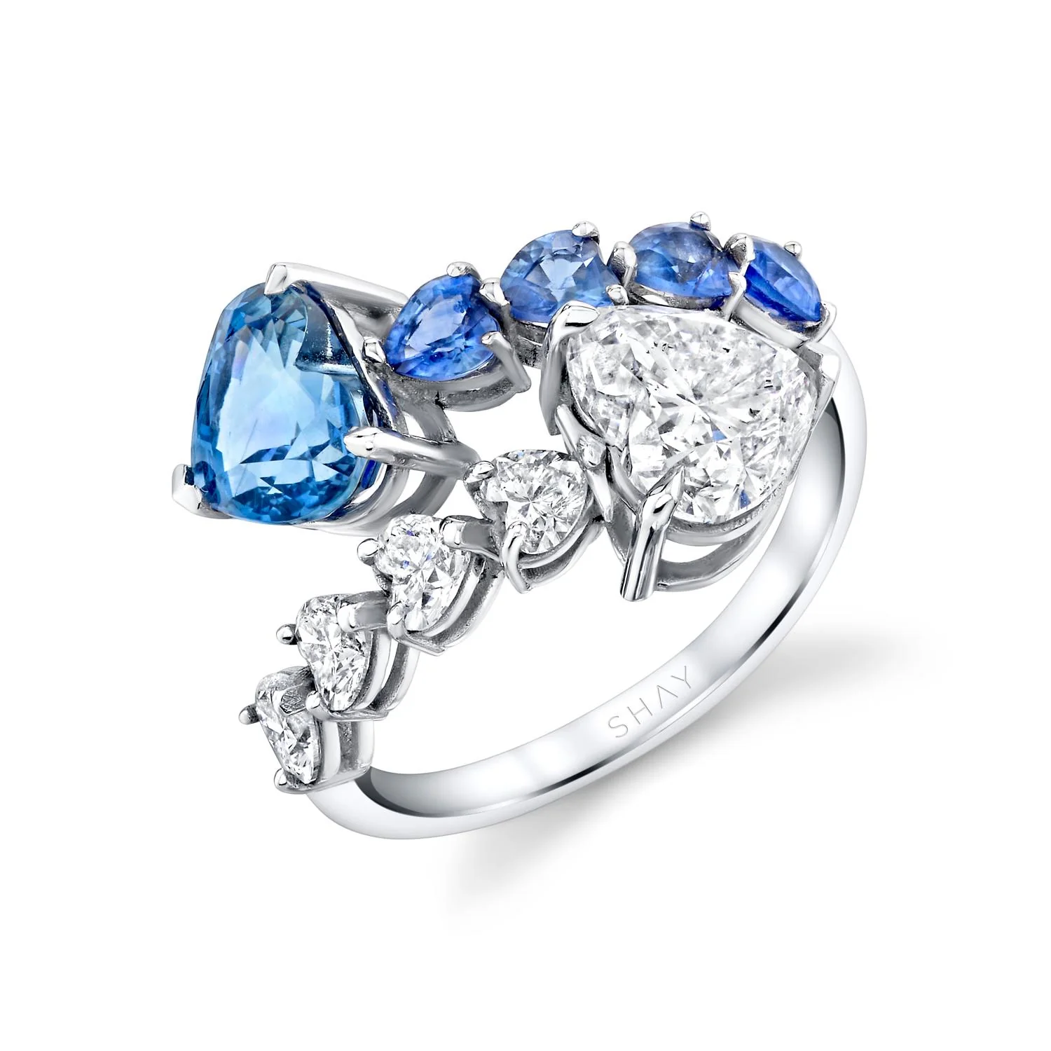 CEYLON BLUE SAPPHIRE & DIAMOND &  HEART BYPASS RING - Image 3