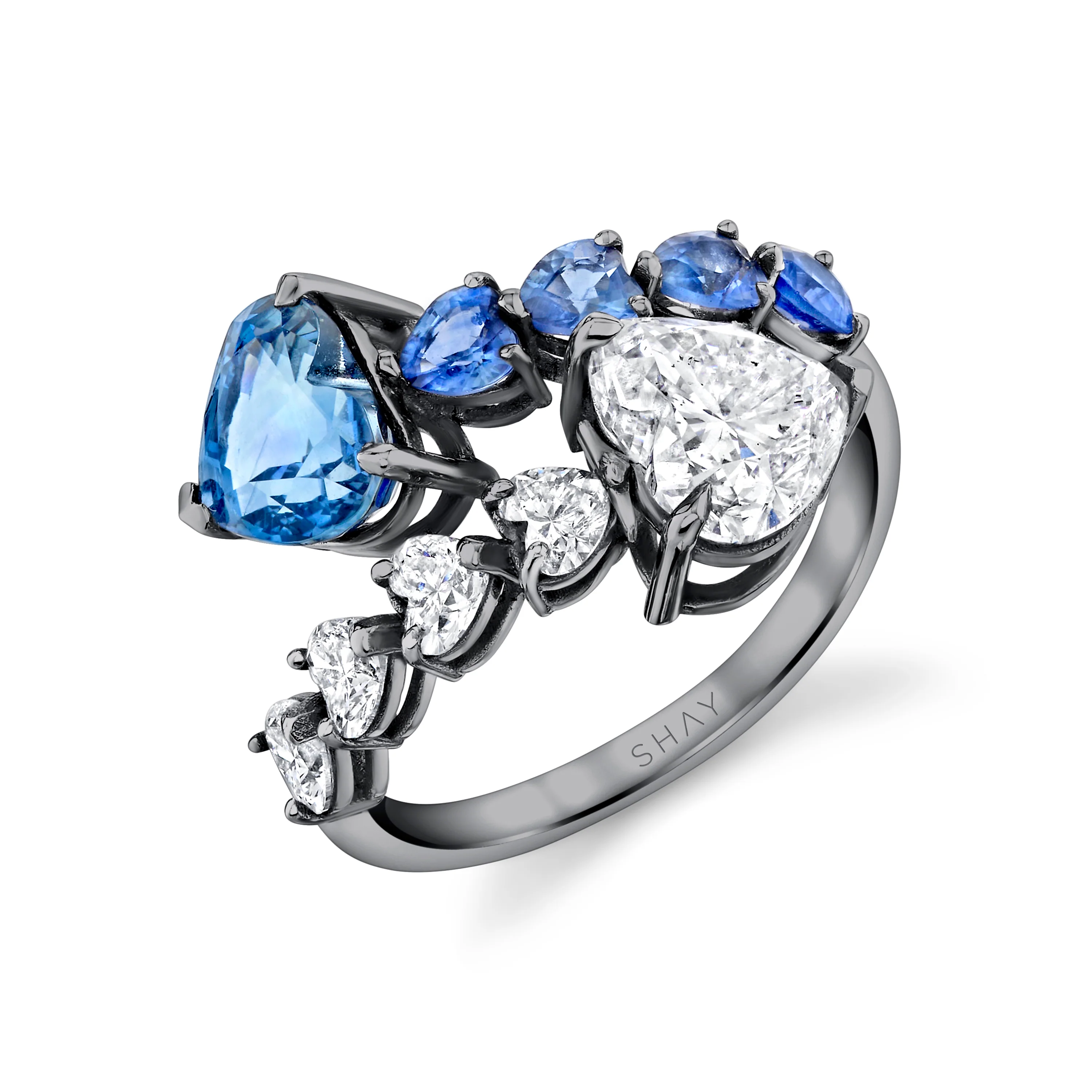 CEYLON BLUE SAPPHIRE & DIAMOND &  HEART BYPASS RING - Image 6