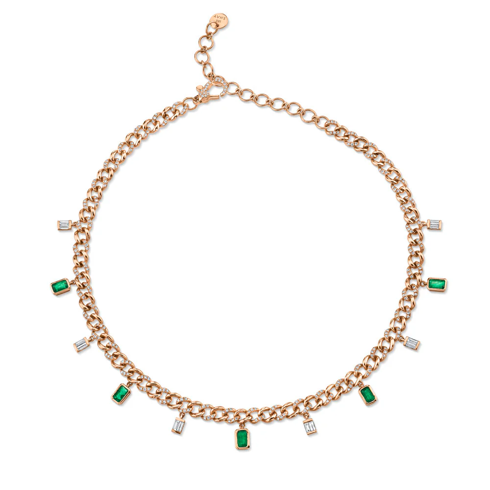 DIAMOND & EMERALD BAGUETTE DROP LINK NECKLACE - Image 3