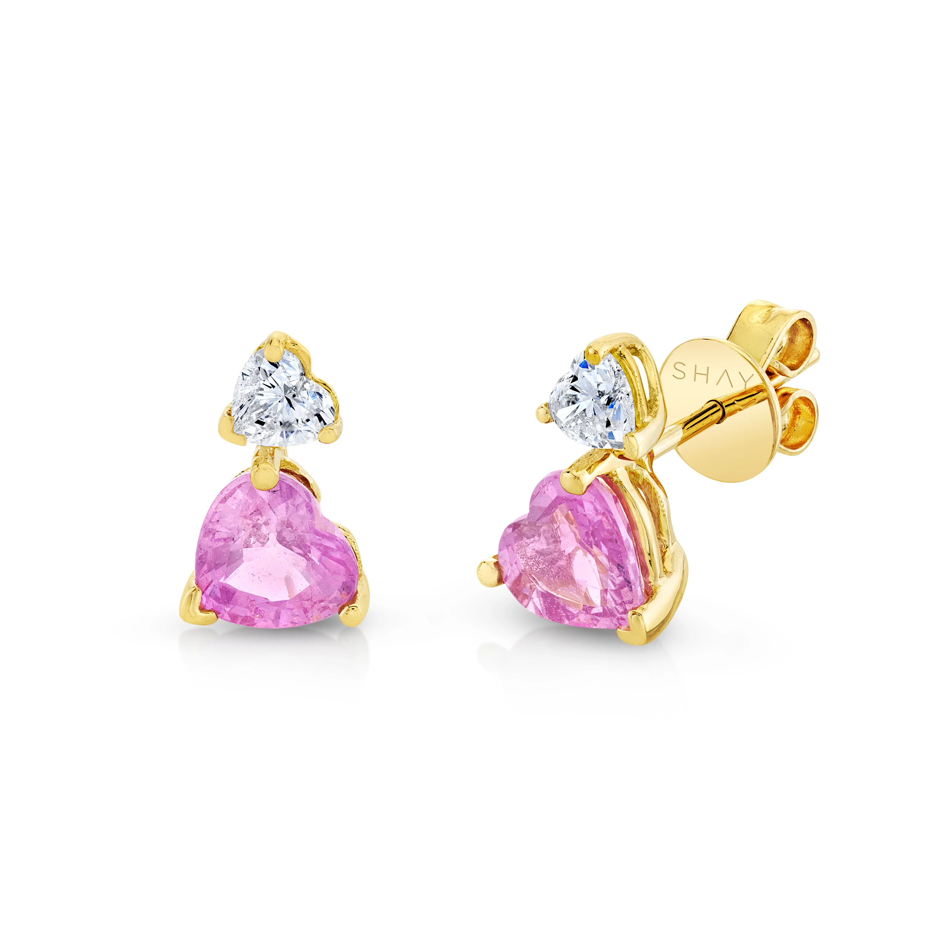 PINK SAPPHIRE & DIAMOND HEART STEP STUDS - Image 3
