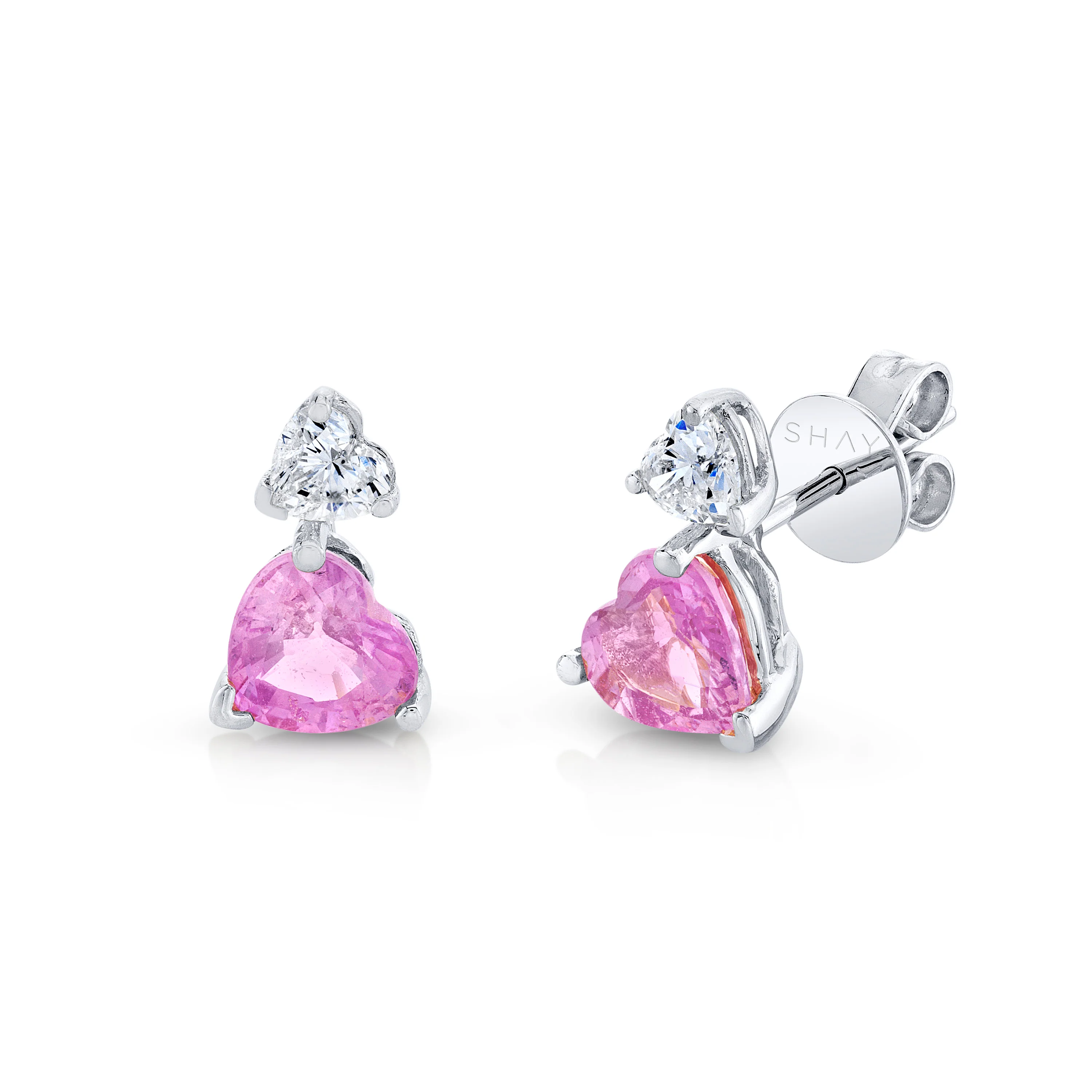 PINK SAPPHIRE & DIAMOND HEART STEP STUDS - Image 4
