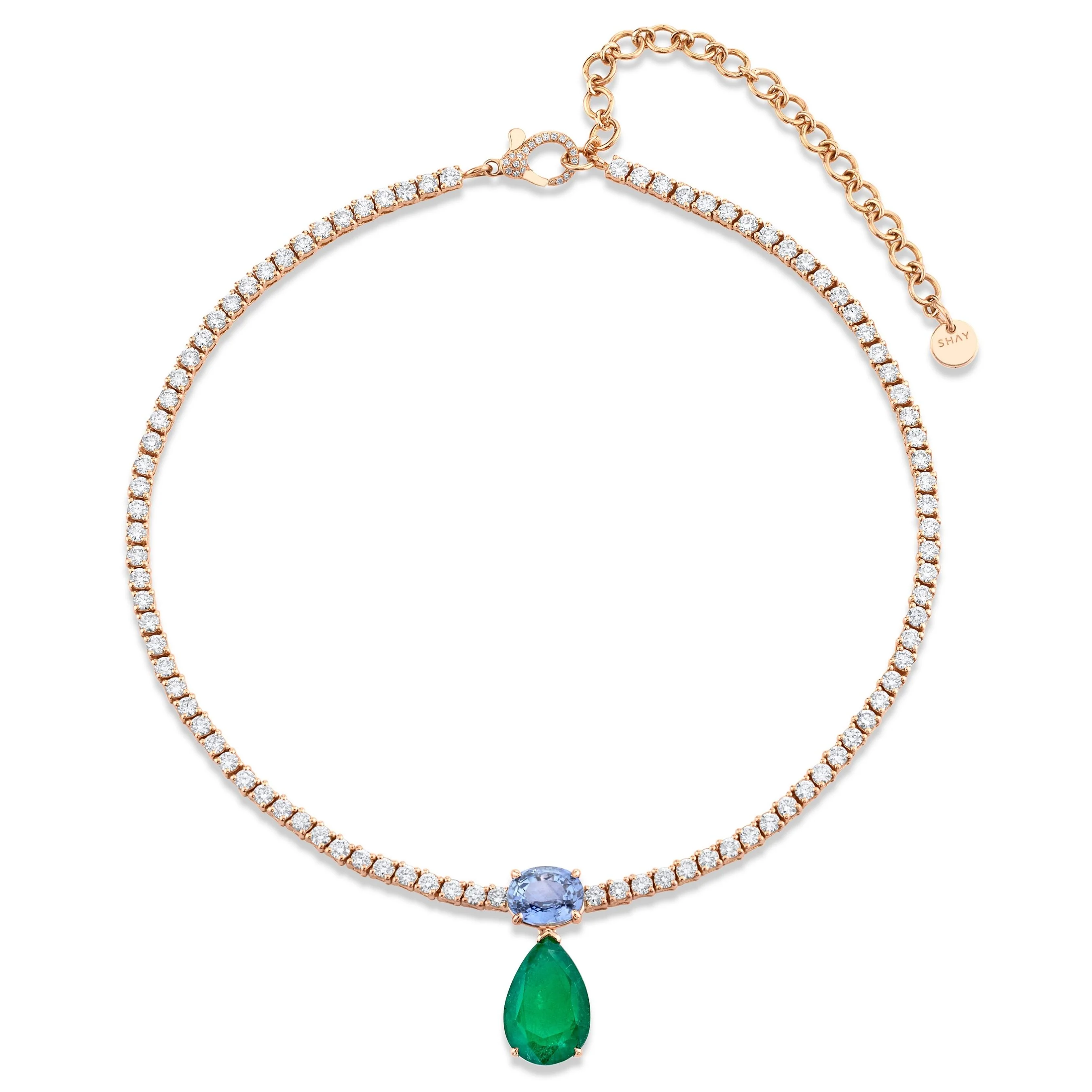 DIAMOND TENNIS NECKLACE WITH EMERALD & BLUE SAPPHIRE DROP - Image 2