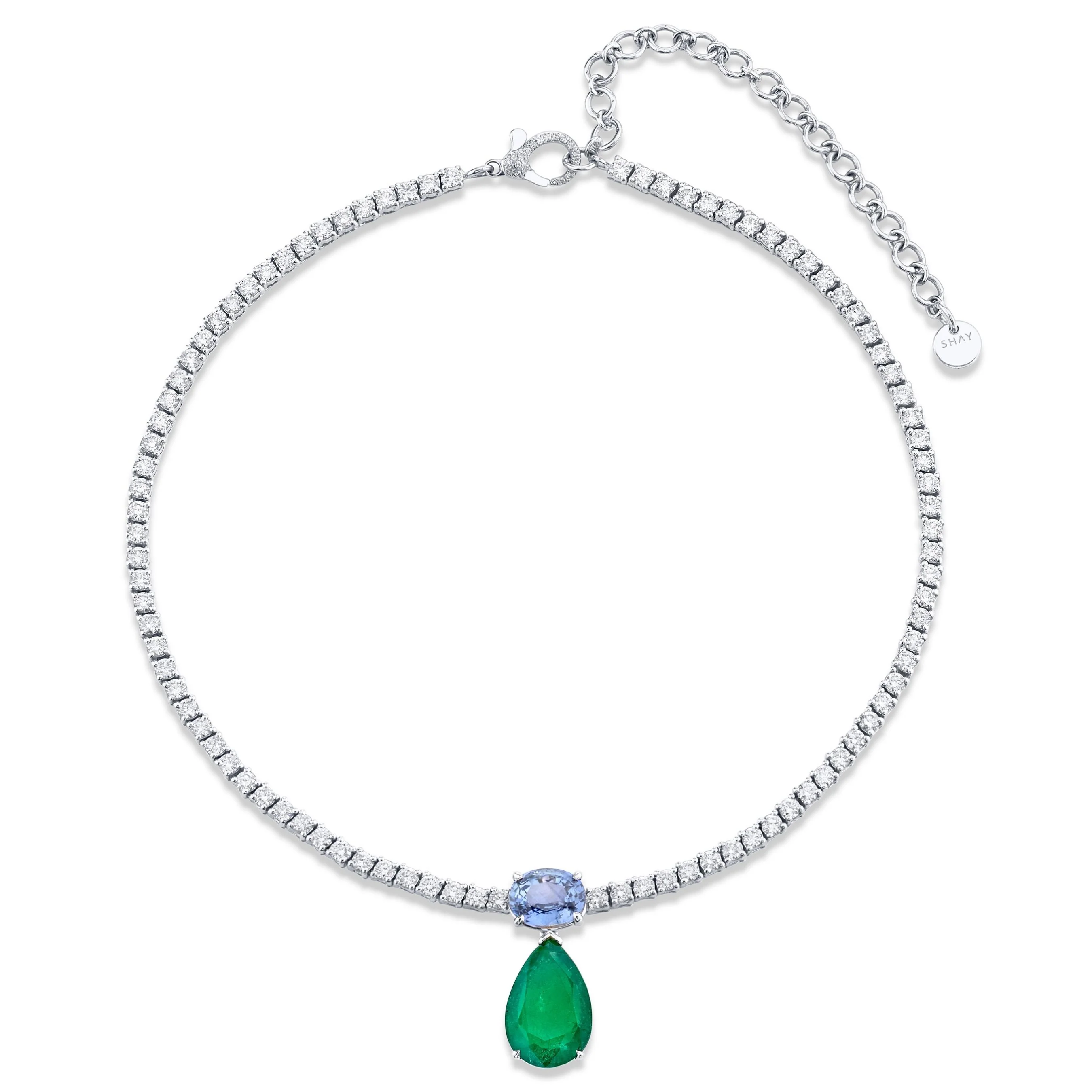 DIAMOND TENNIS NECKLACE WITH EMERALD & BLUE SAPPHIRE DROP - Image 3