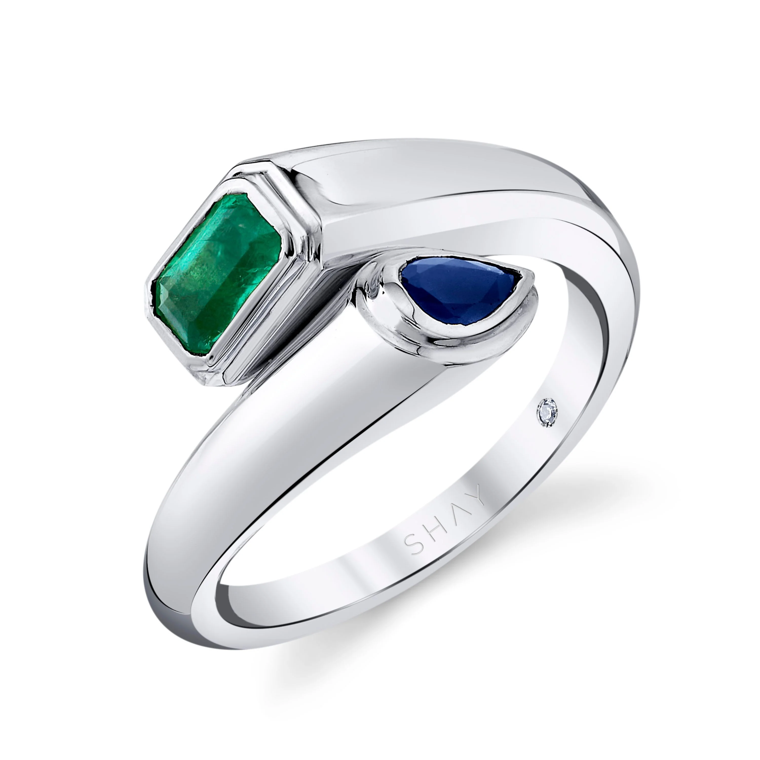 EMERALD & BLUE SAPPHIRE BYPASS PINKY RING - Image 3