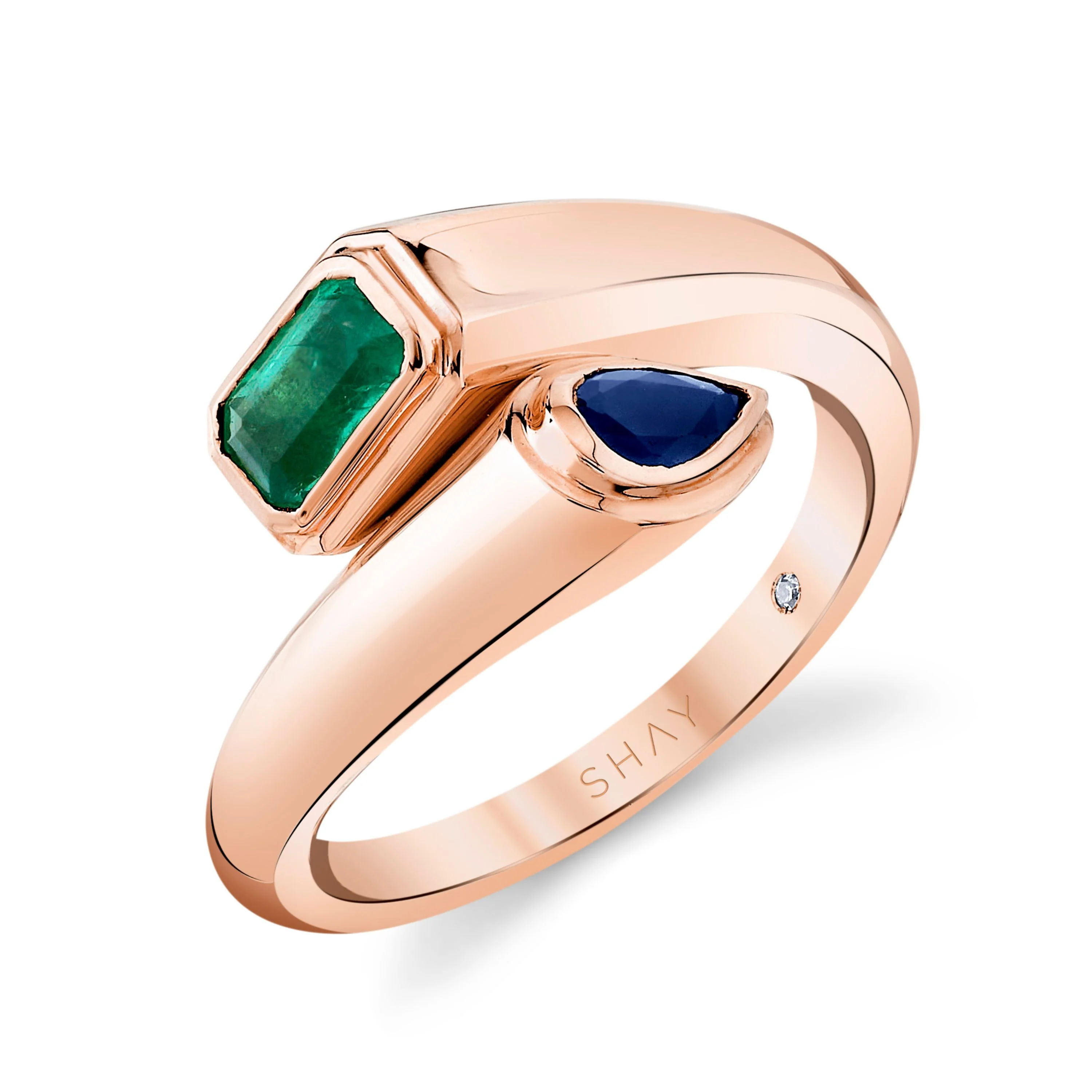 EMERALD & BLUE SAPPHIRE BYPASS PINKY RING - Image 4