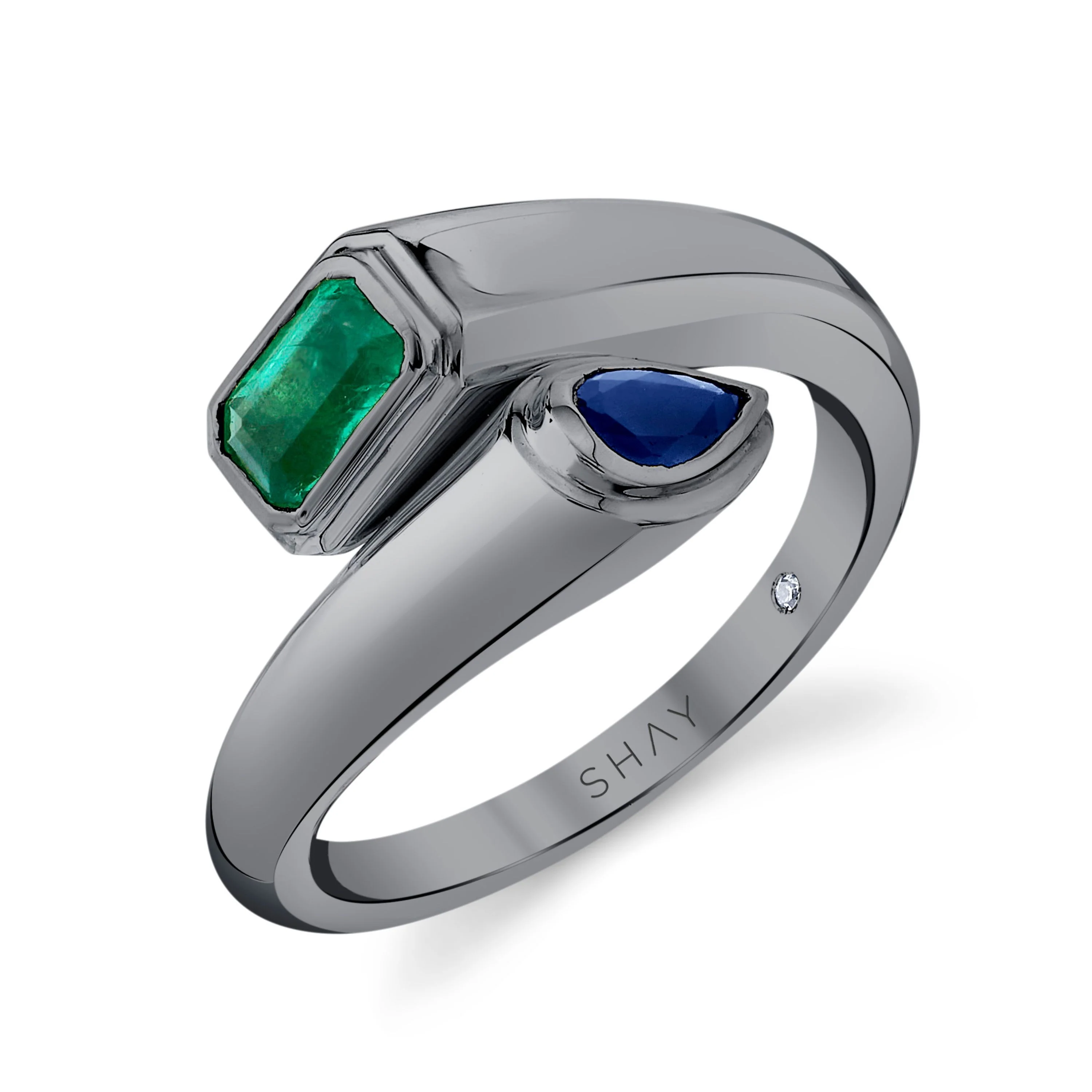 EMERALD & BLUE SAPPHIRE BYPASS PINKY RING - Image 5