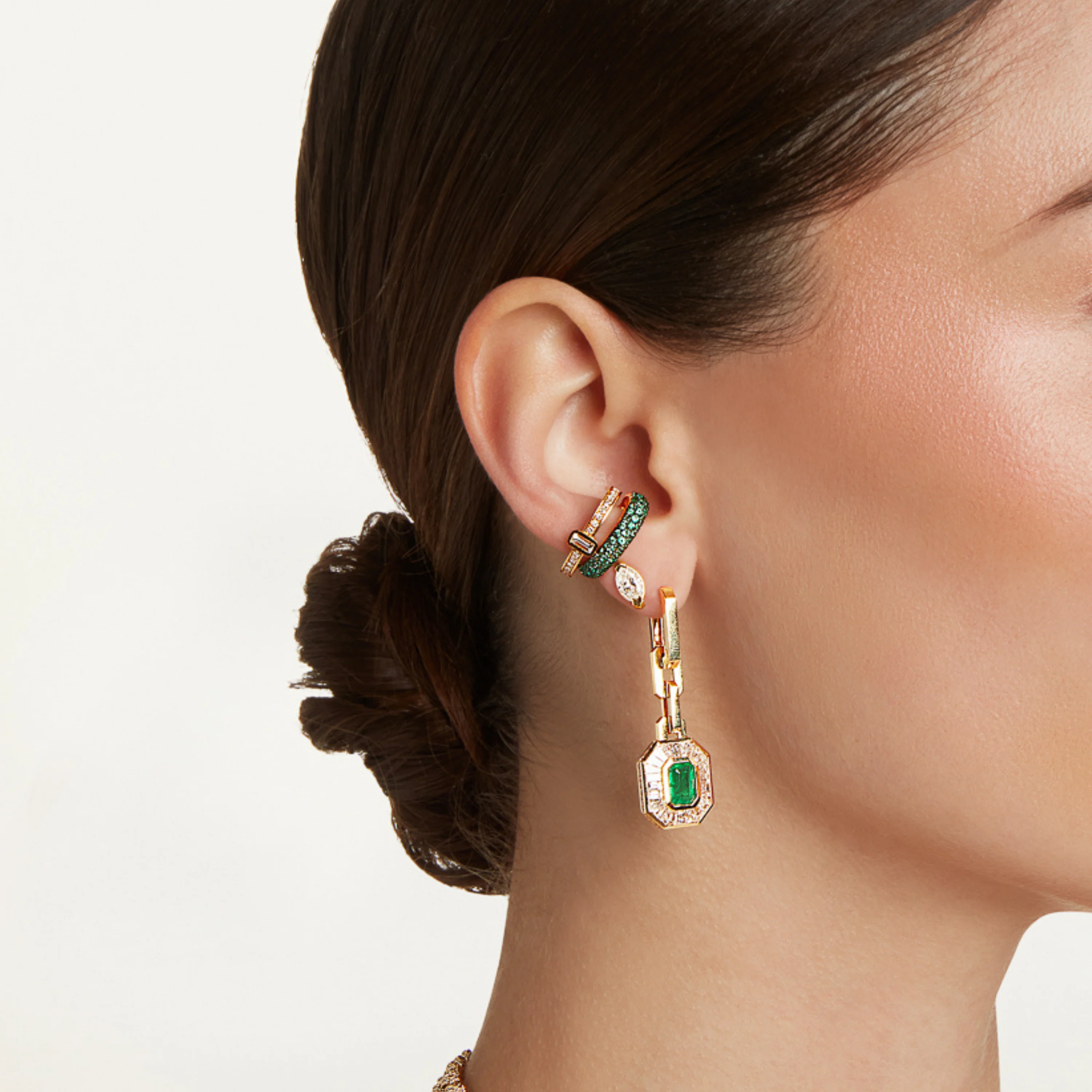 EMERALD & DIAMOND HALO DROP EARRINGS - Image 2