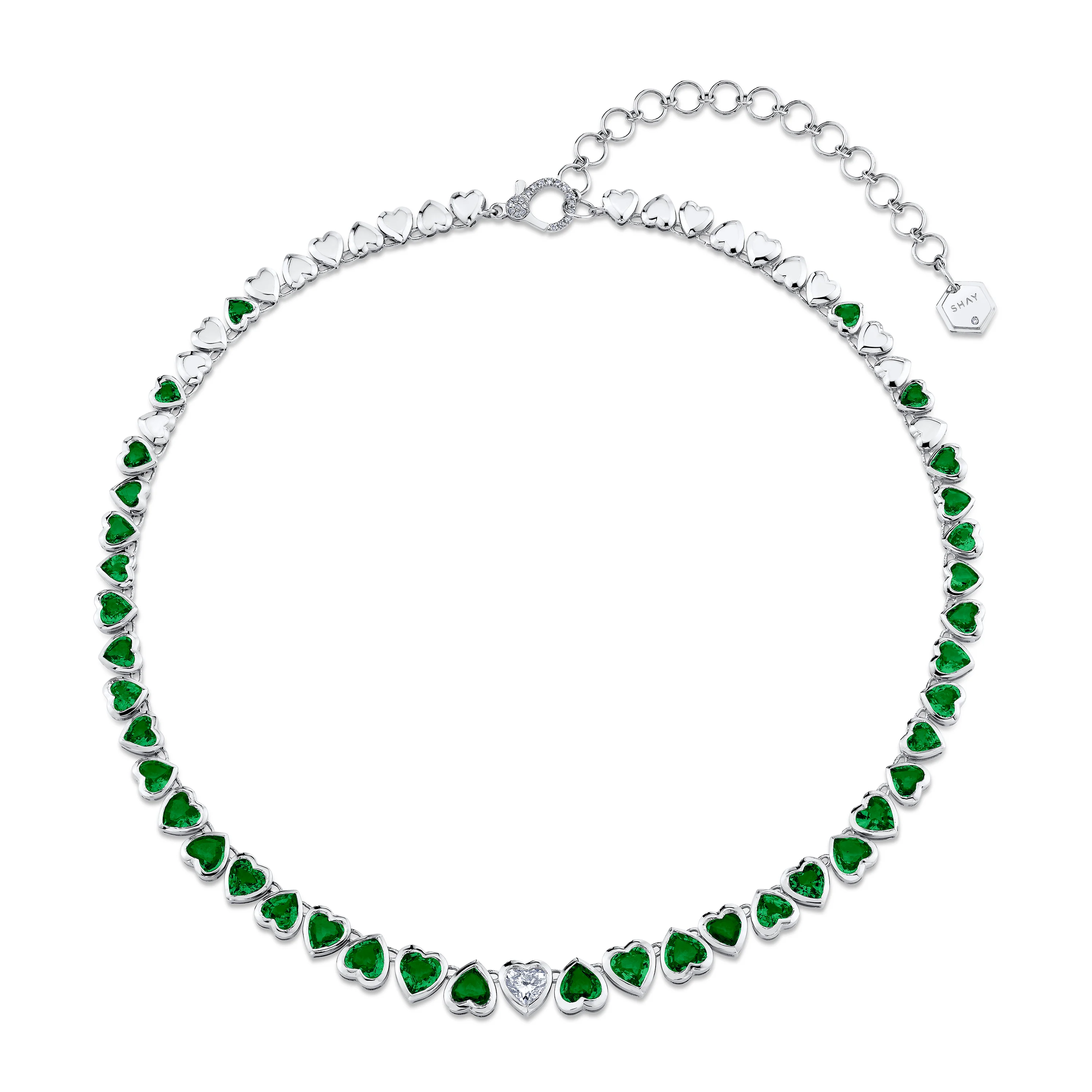 EMERALD & DIAMOND HEART BEZEL TENNIS NECKLACE - Image 3