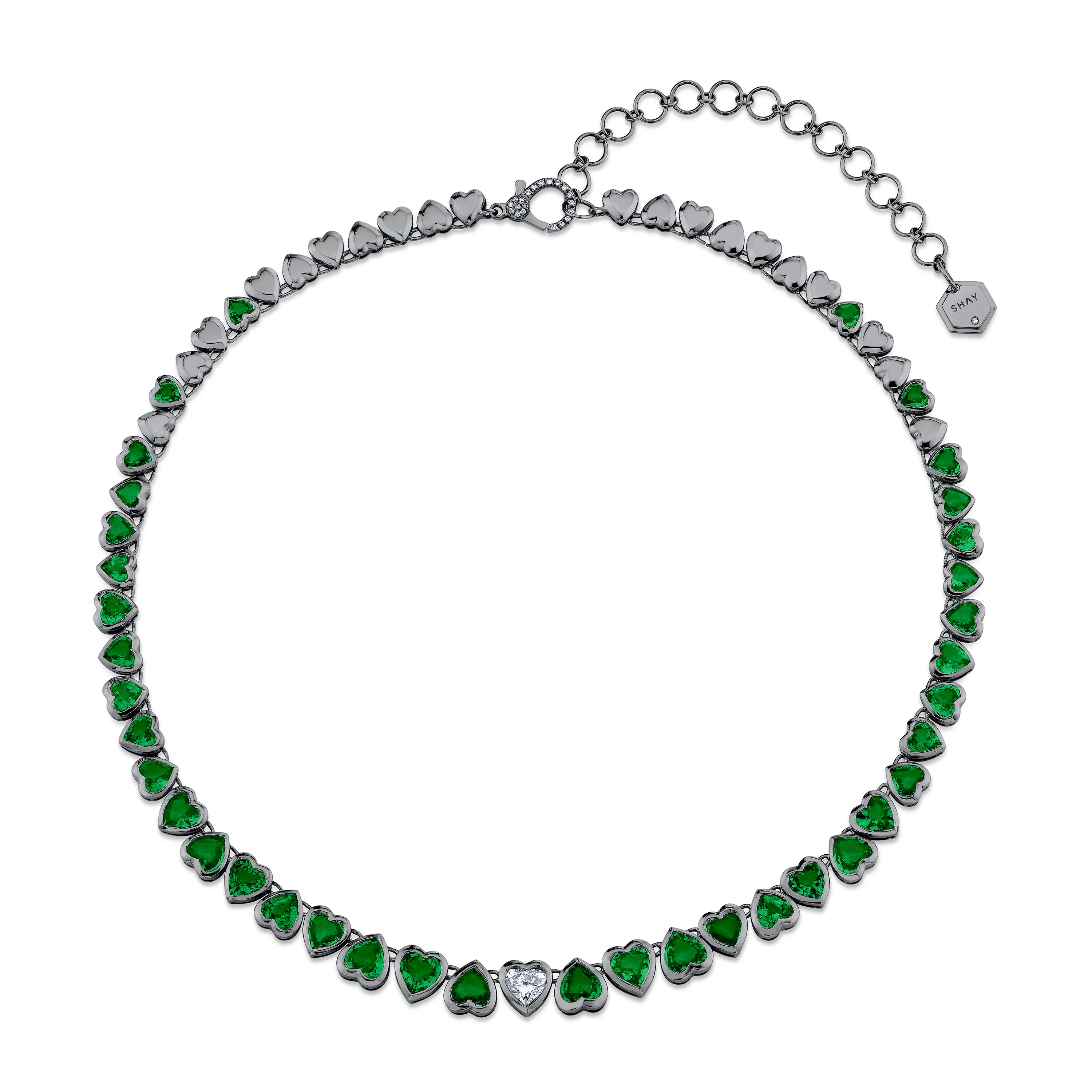 EMERALD & DIAMOND HEART BEZEL TENNIS NECKLACE - Image 5