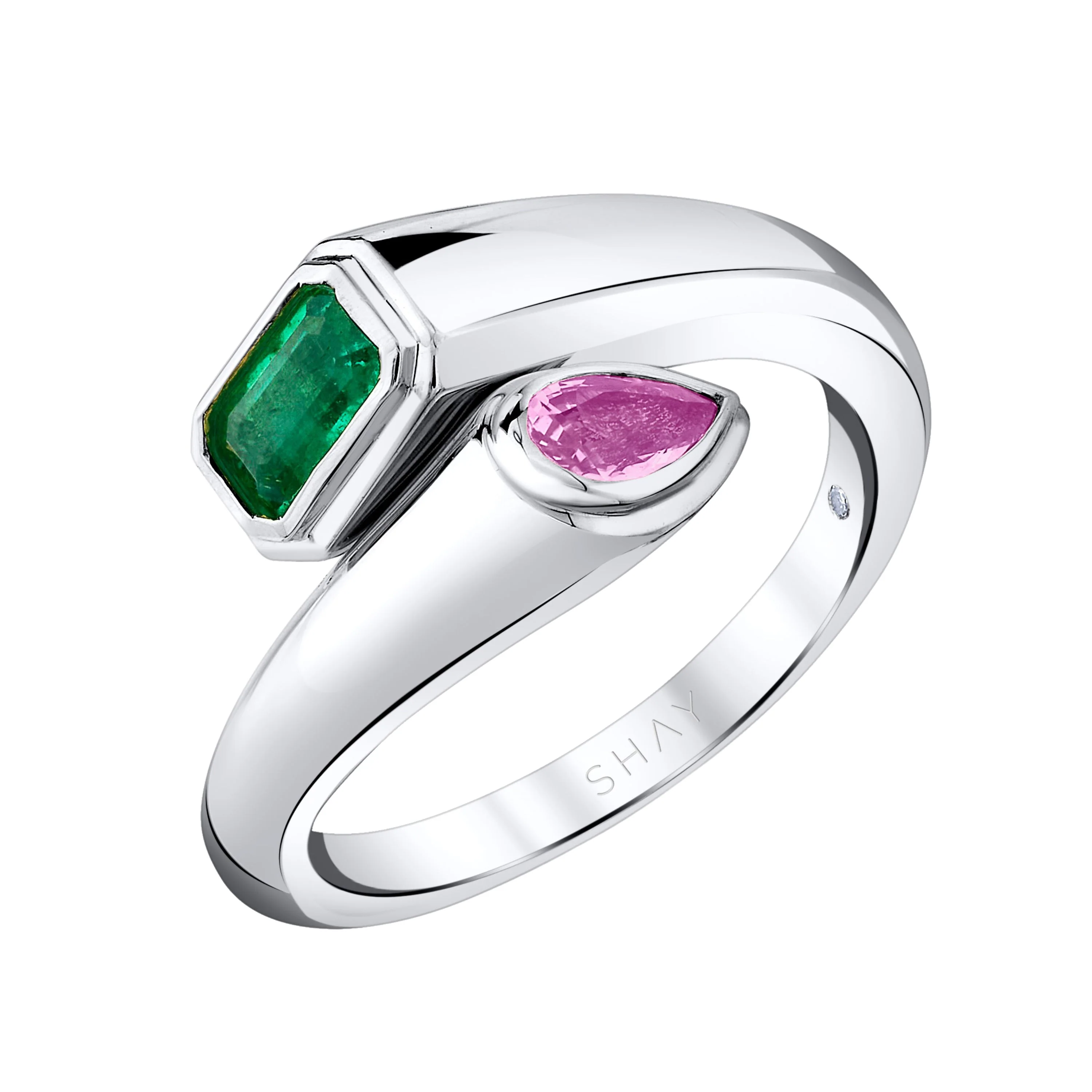 EMERALD & PINK SAPPHIRE BYPASS PINKY RING - Image 4
