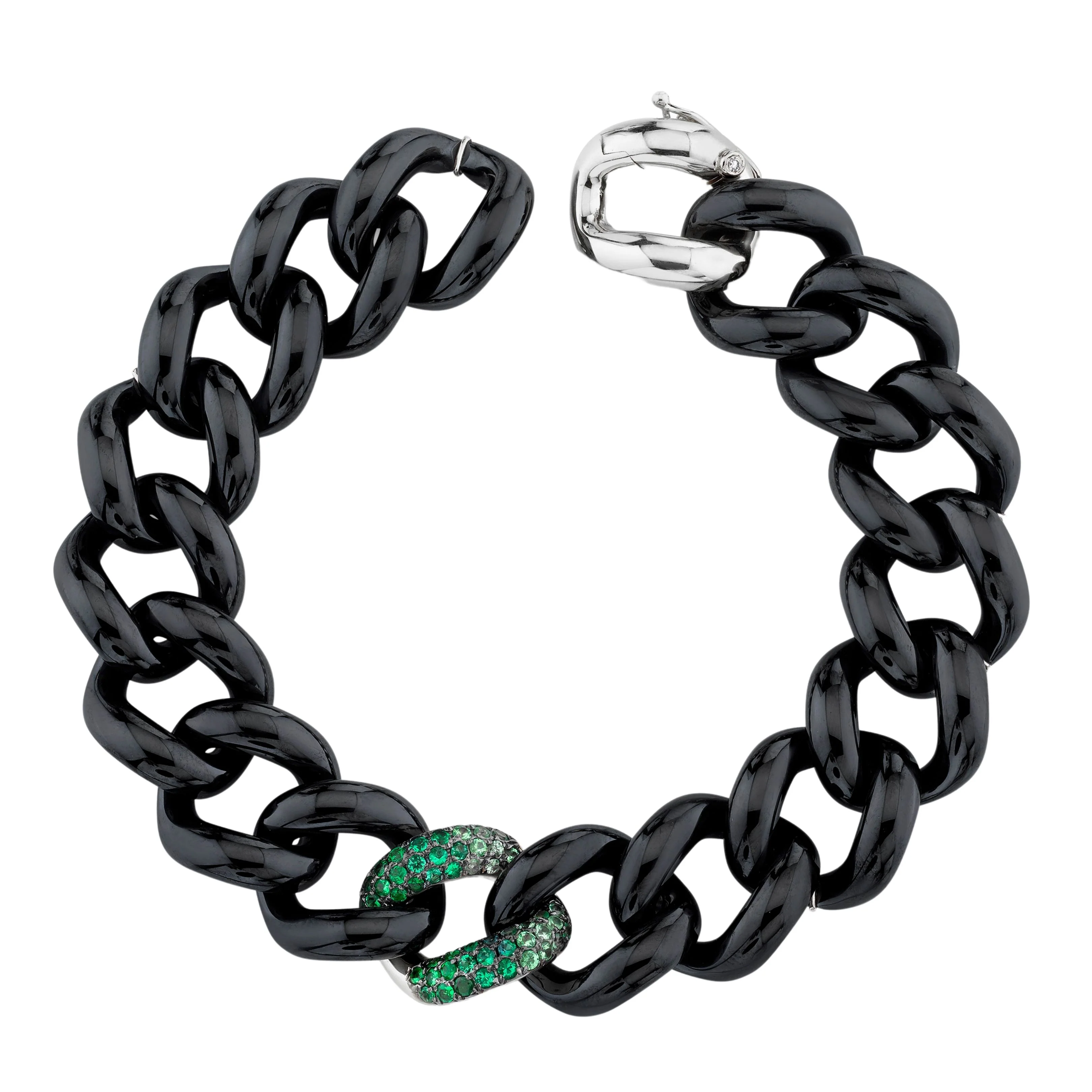 GREEN GARNET & BLACK CERAMIC SINGLE PAVE JUMBO LINK BRACELET