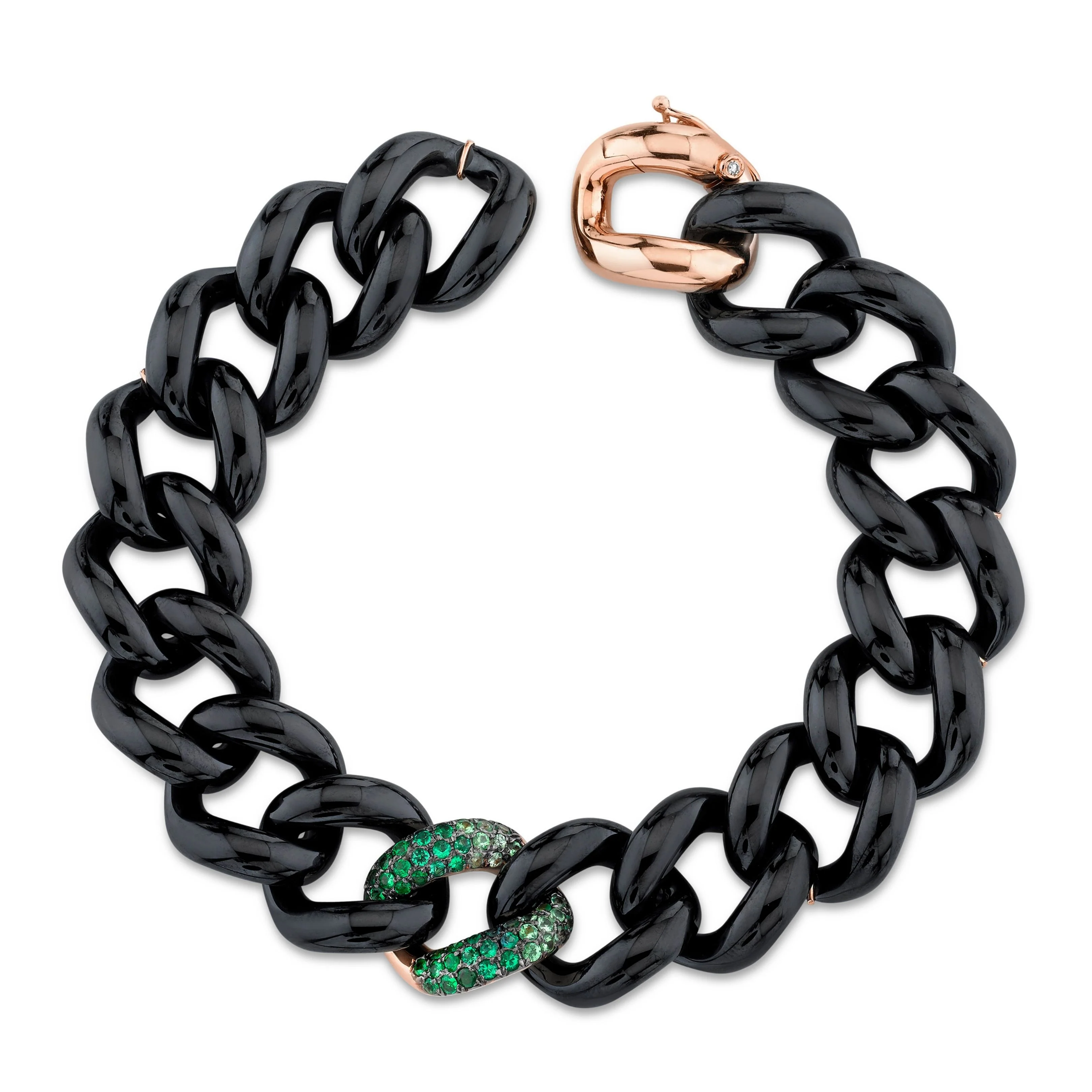 GREEN GARNET & BLACK CERAMIC SINGLE PAVE JUMBO LINK BRACELET - Image 4