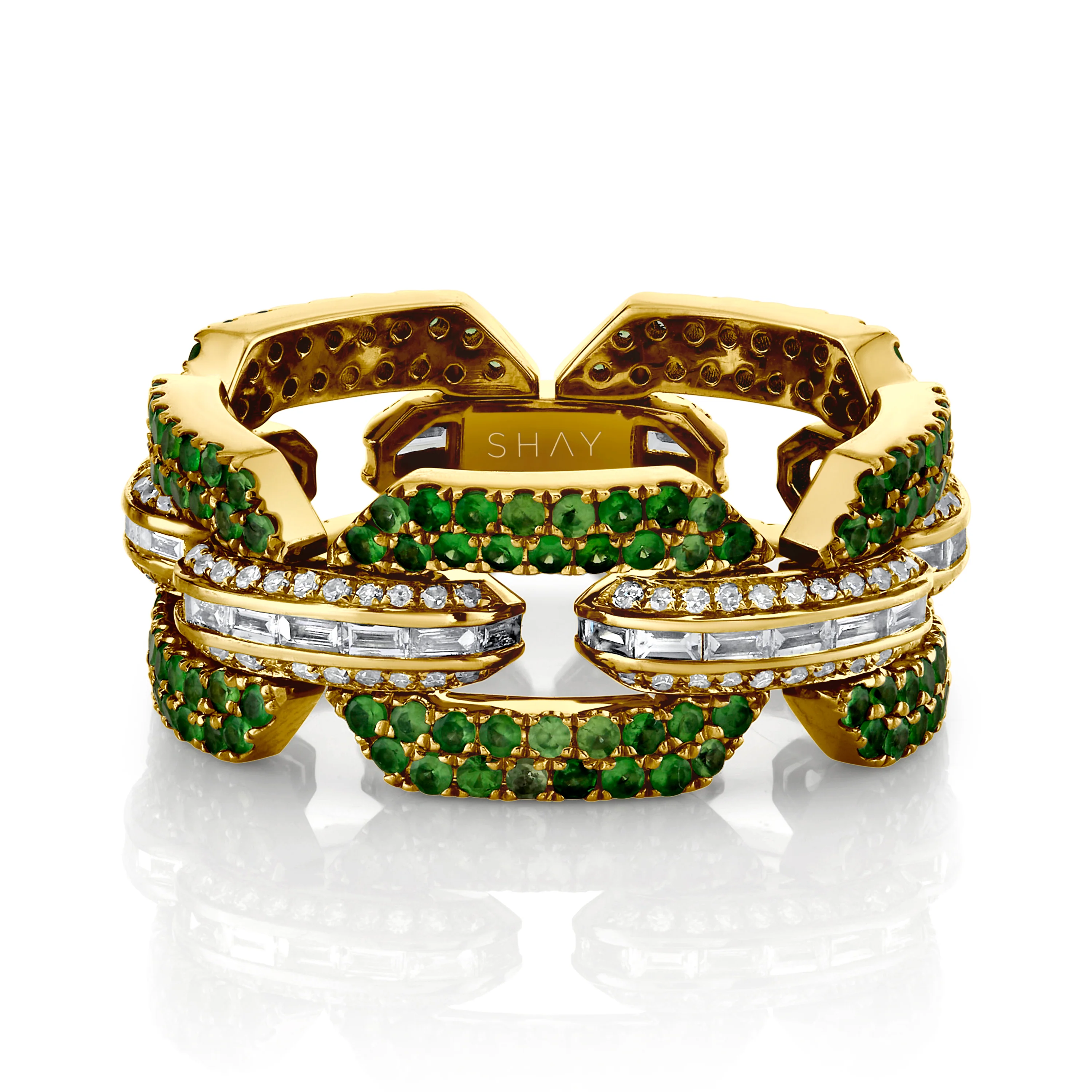 MEN'S GREEN GARNET & DIAMOND GEO LINK RING - Image 3