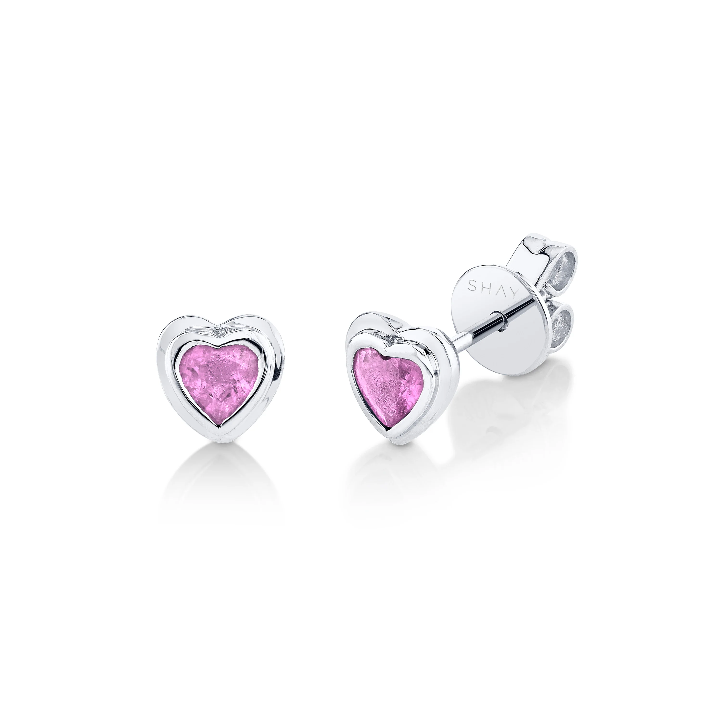 MINI ME PINK SAPPHIRE BEZEL HEART STUDS - Image 4