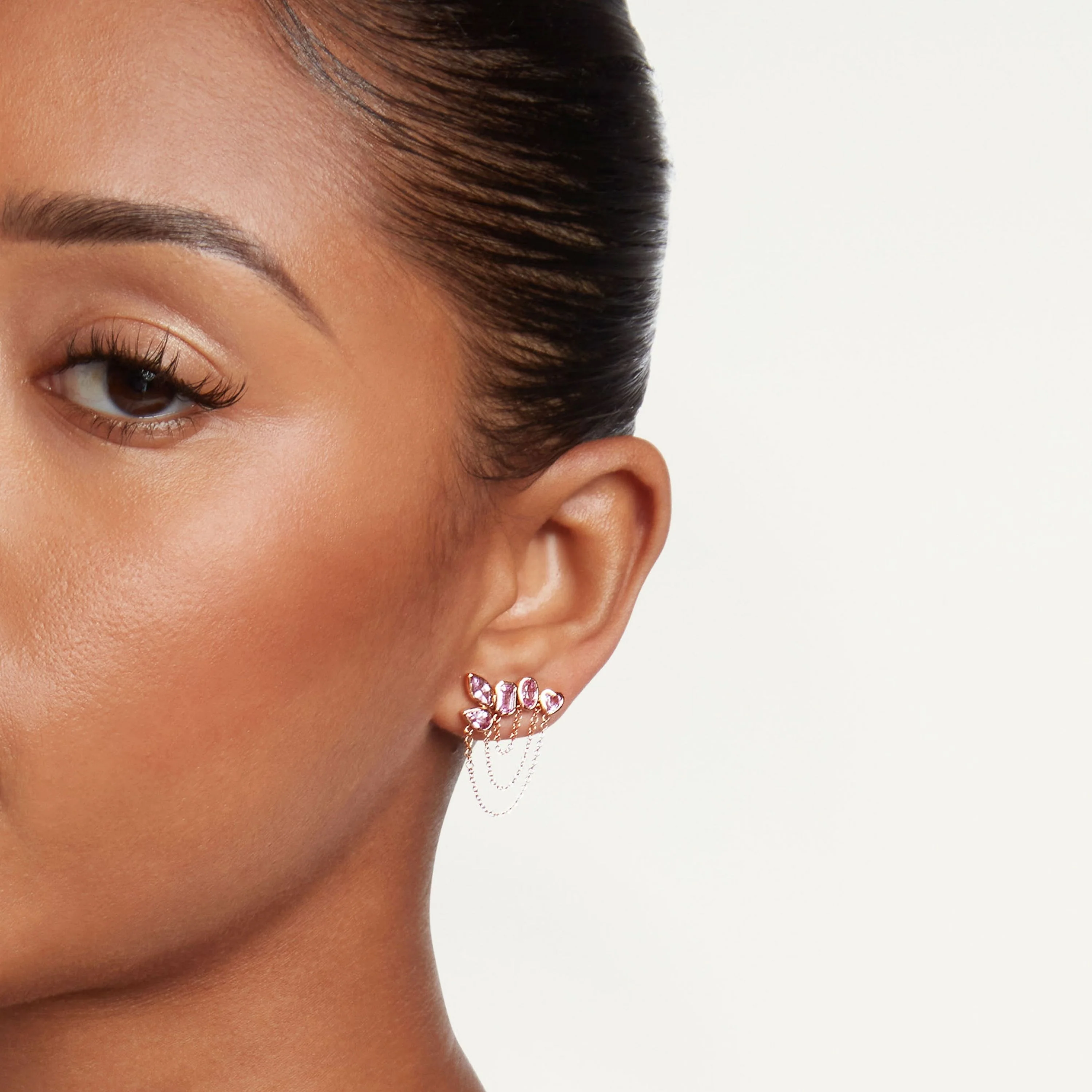 PINK SAPPHIRE MIXED DUO CHAIN STUD - Image 2