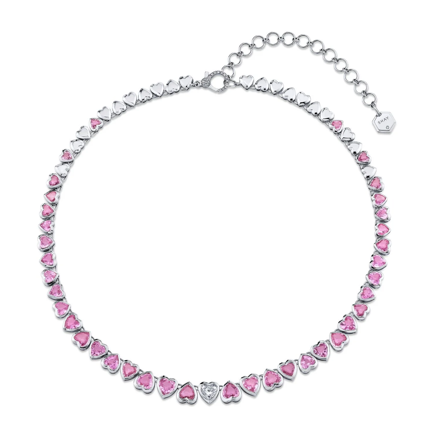 PINK SAPPHIRE & DIAMOND HEART BEZEL TENNIS NECKLACE - Image 3
