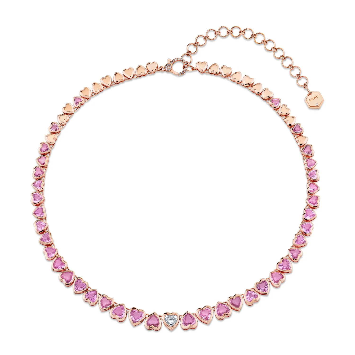 PINK SAPPHIRE & DIAMOND HEART BEZEL TENNIS NECKLACE - Image 4