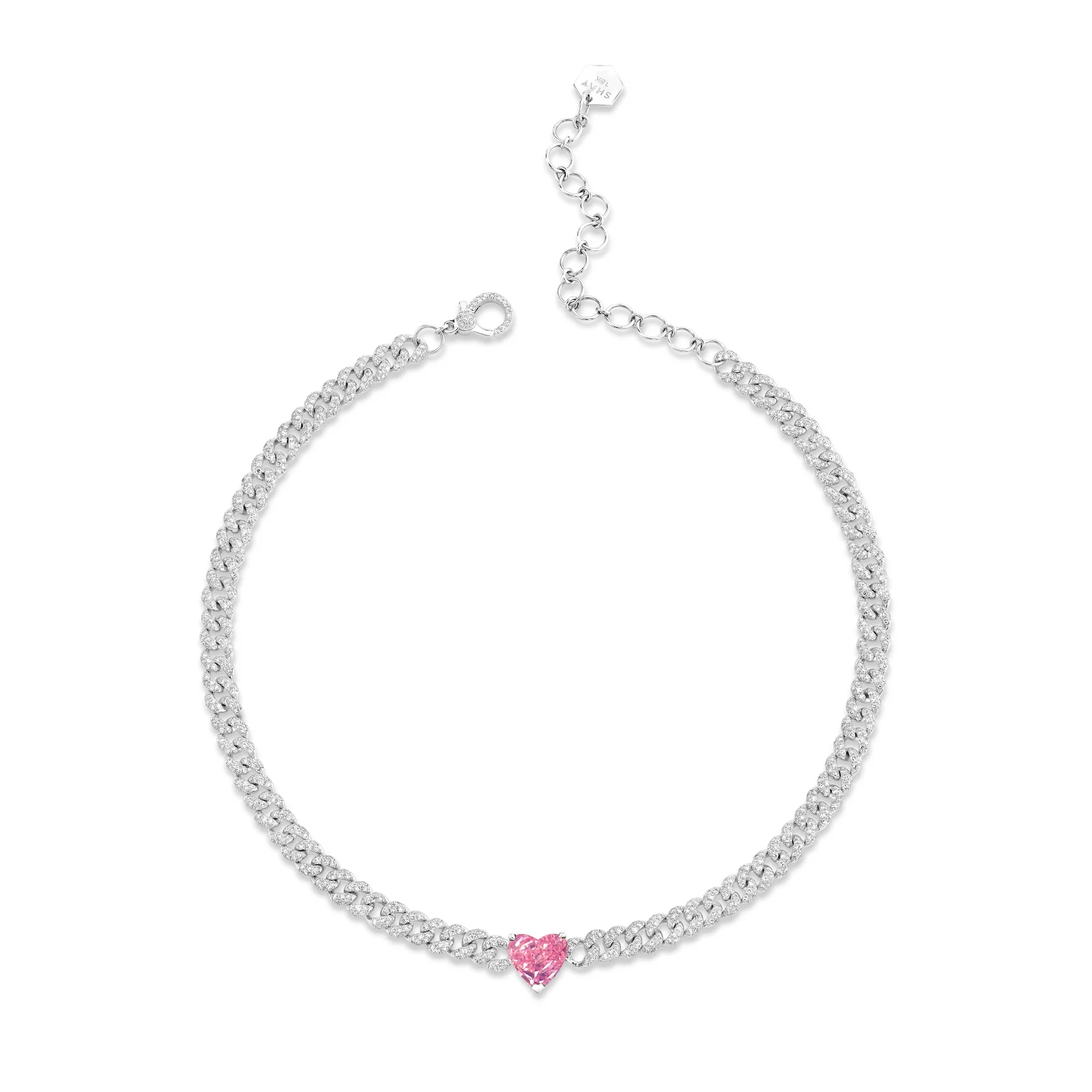 PINK SAPPHIRE HEART MINI PAVE LINK NECKLACE - Image 3