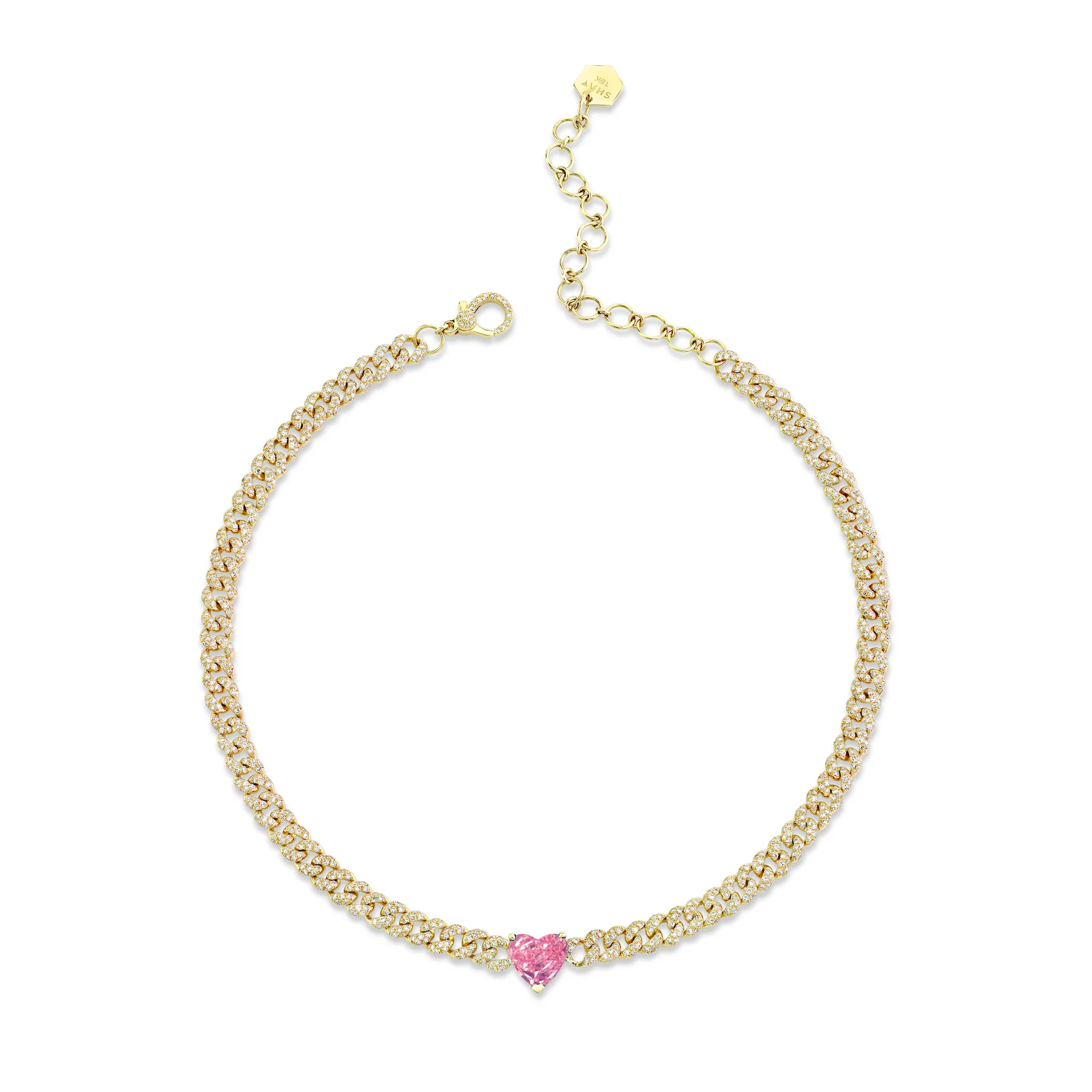 PINK SAPPHIRE HEART MINI PAVE LINK NECKLACE - Image 4