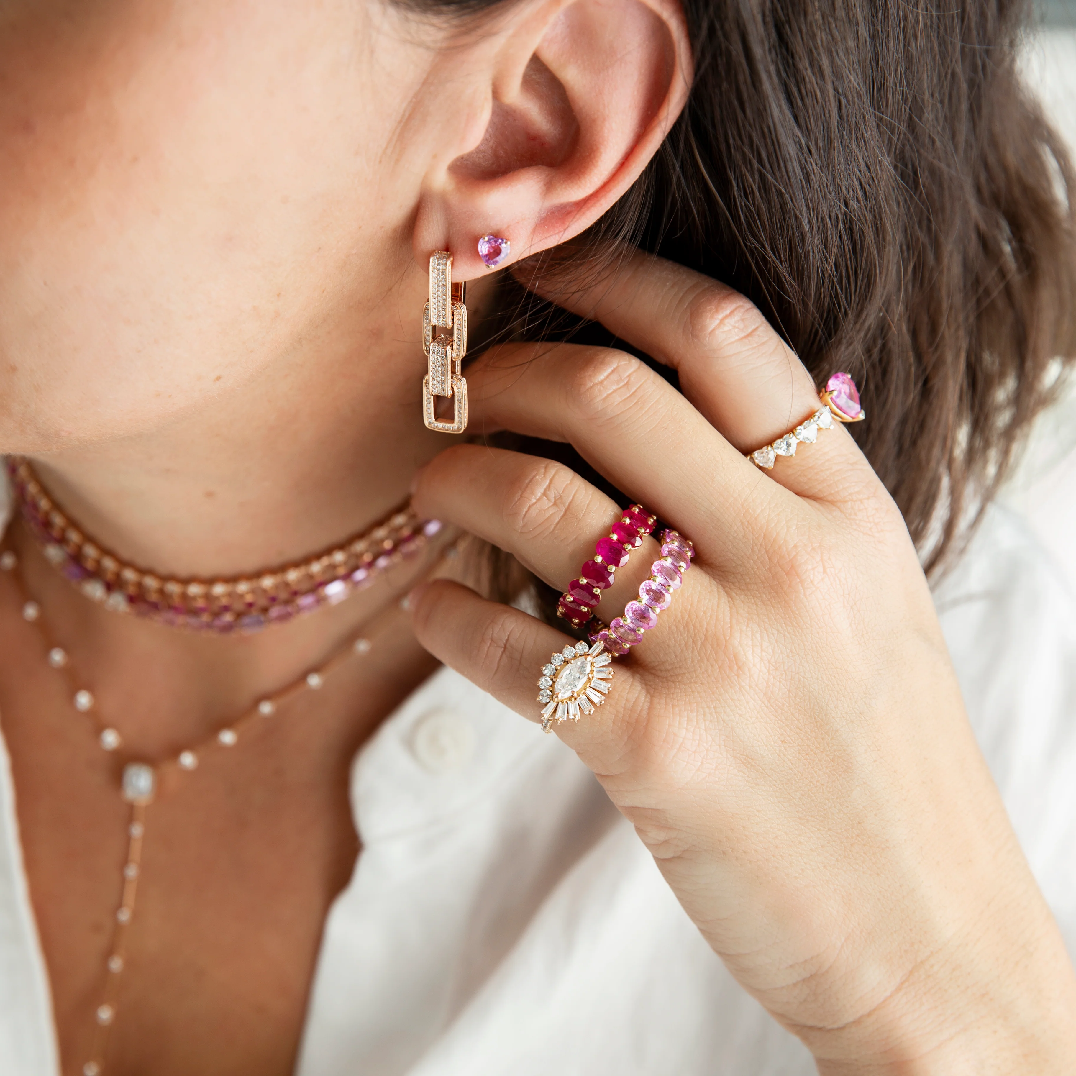 READY TO SHIP DIAMOND PAVE TRIPLE DECO LINK EARRINGS - Image 3