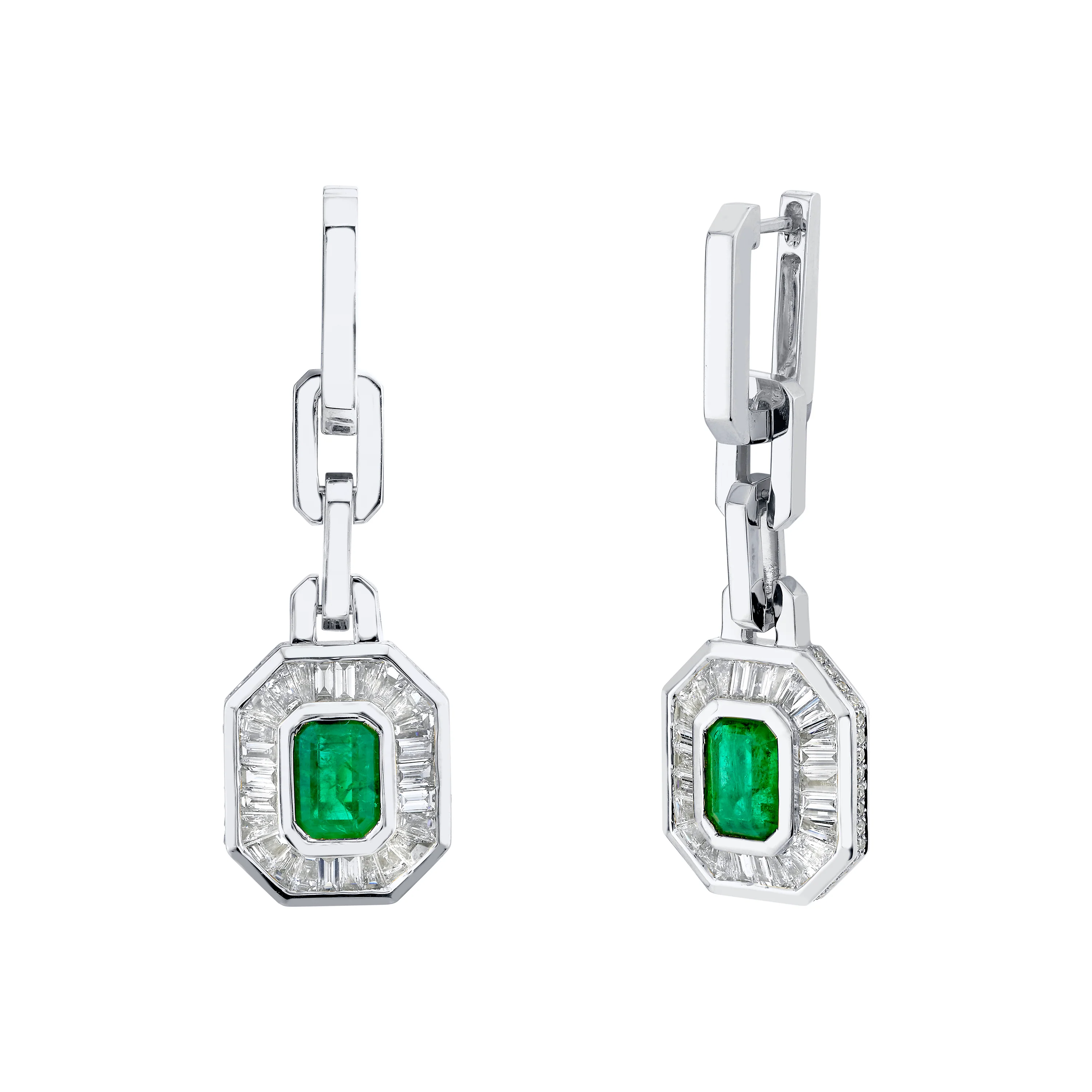 READY TO SHIP EMERALD & DIAMOND HALO DROP EARRINGS - Image 3