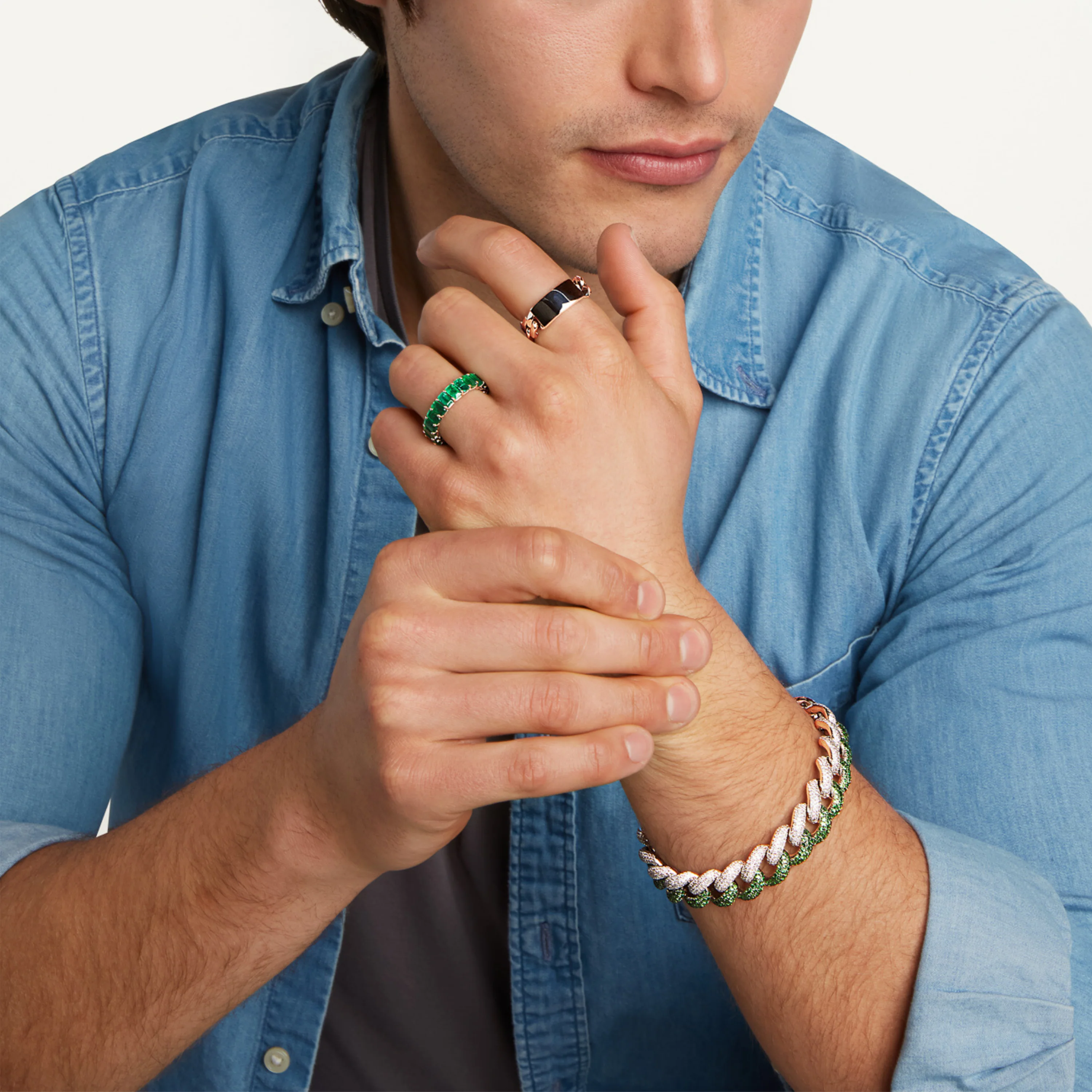 READY TO SHIP MEN'S DIAMOND & GREEN SAPPHIRE JUMBO LINK BRACELET - Image 2