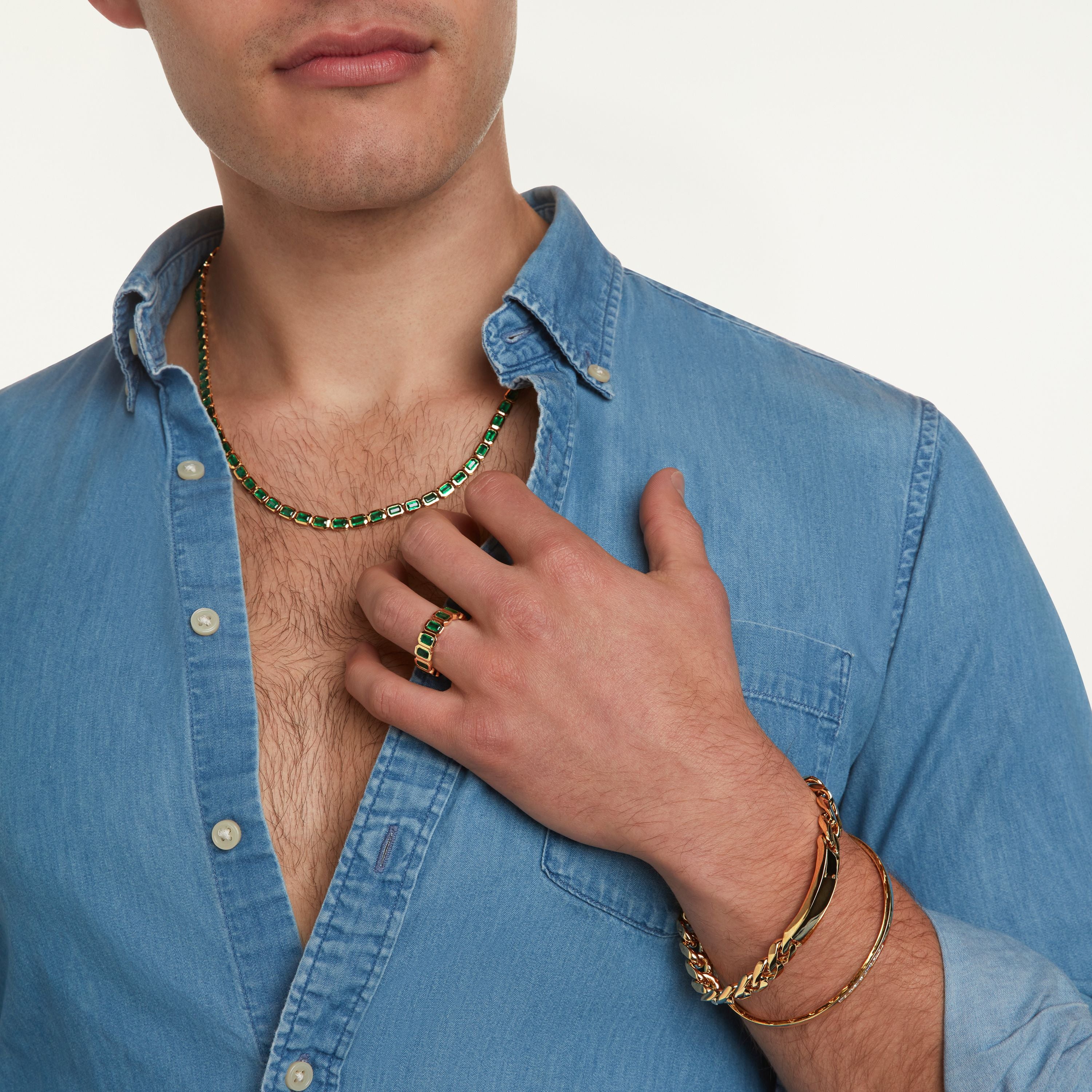 READY TO SHIP MEN'S EMERALD BEZEL TENNIS NECKLACE - Image 2