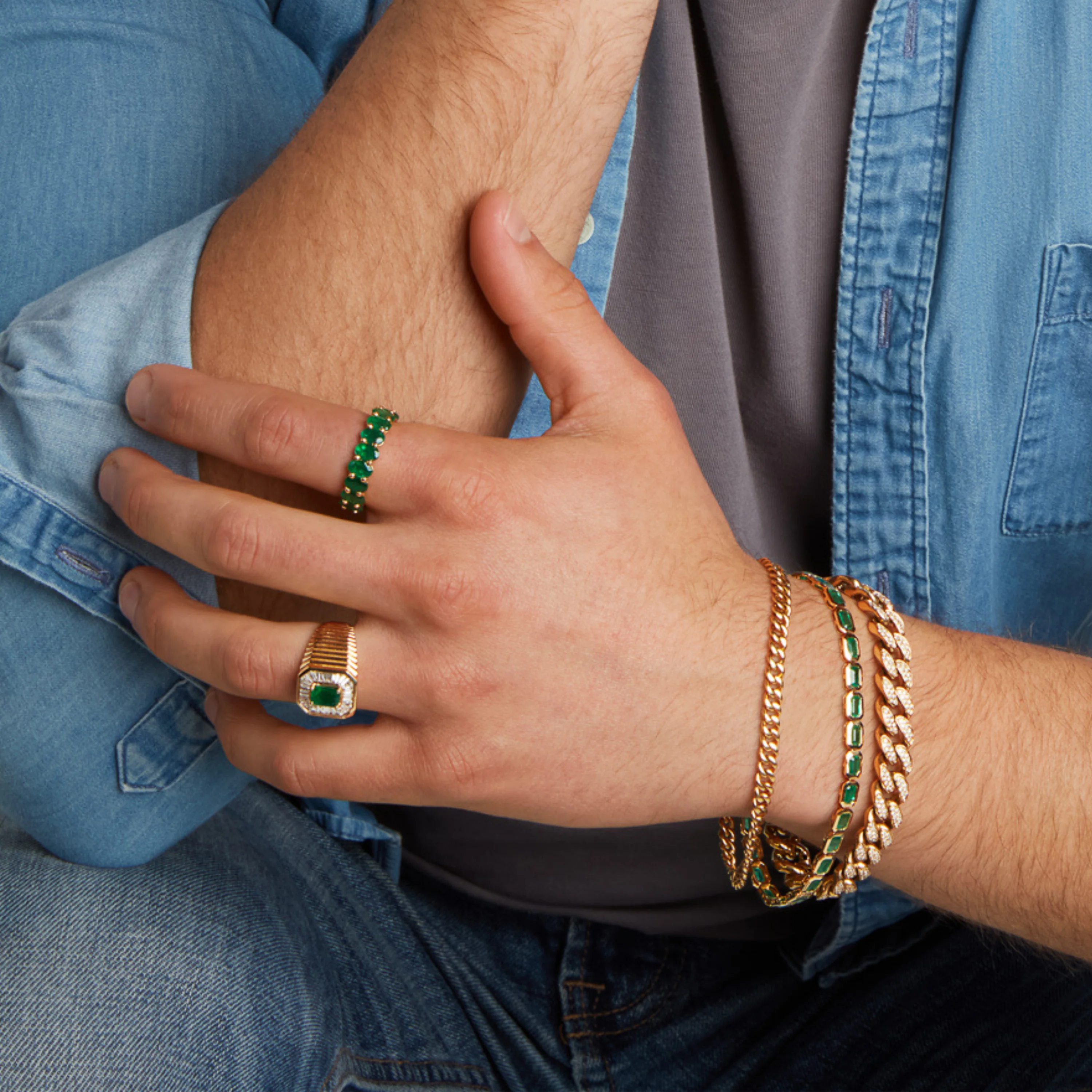 READY TO SHIP MEN'S EMERALD & DIAMOND RIVET CHAMPION RING - Image 2