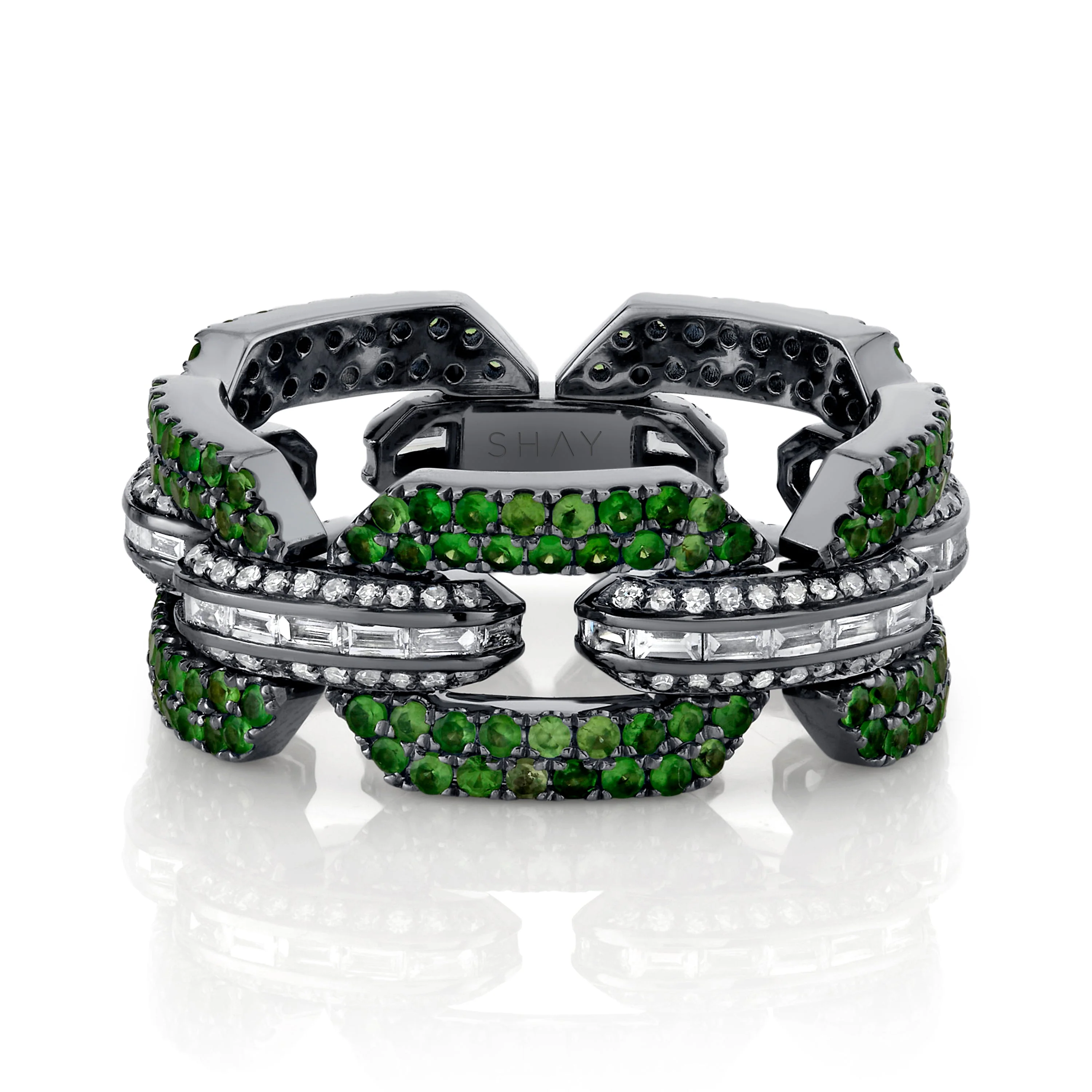 READY TO SHIP MEN'S GREEN GARNET & DIAMOND GEO LINK RING
