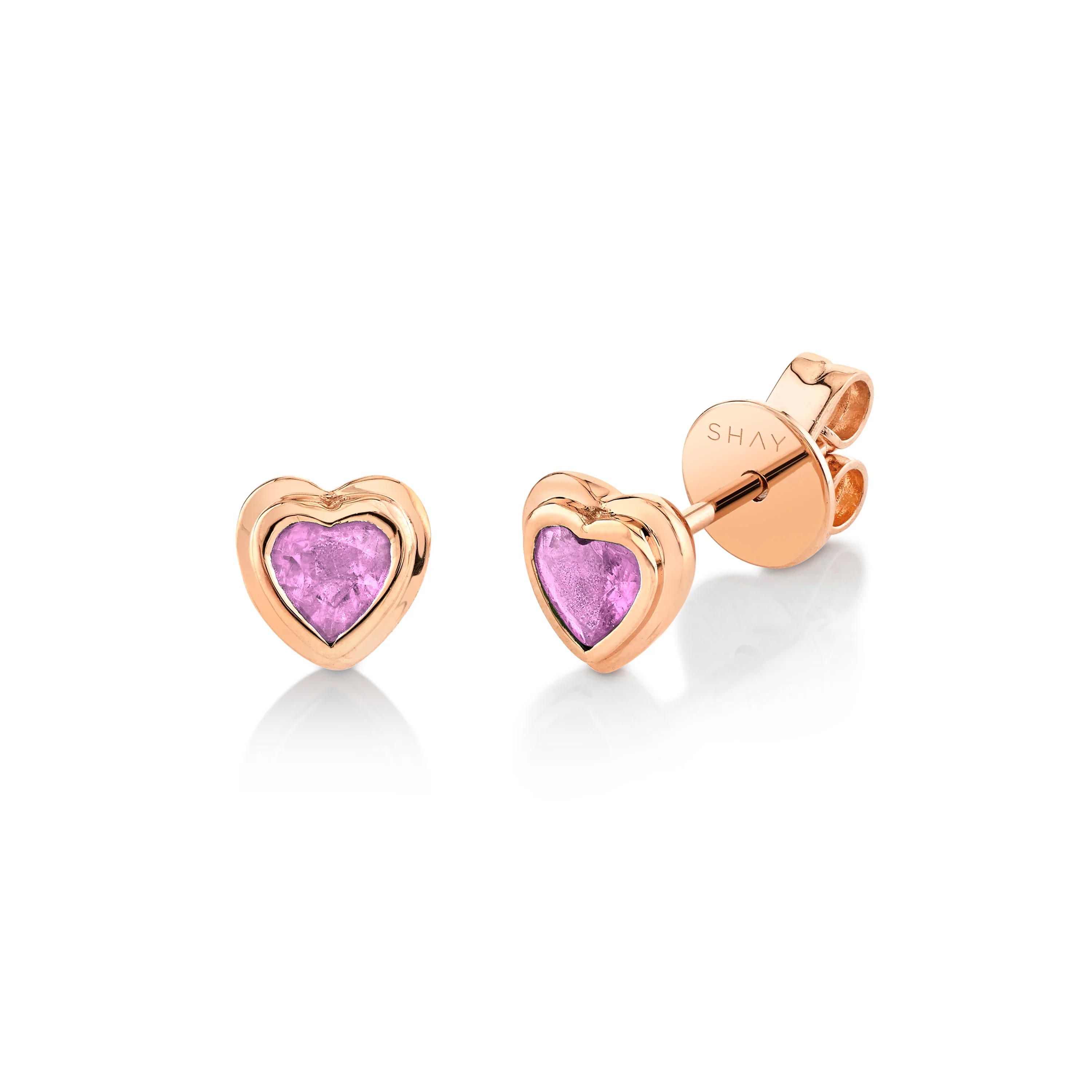 MINI ME PINK SAPPHIRE BEZEL HEART STUDS - Image 3