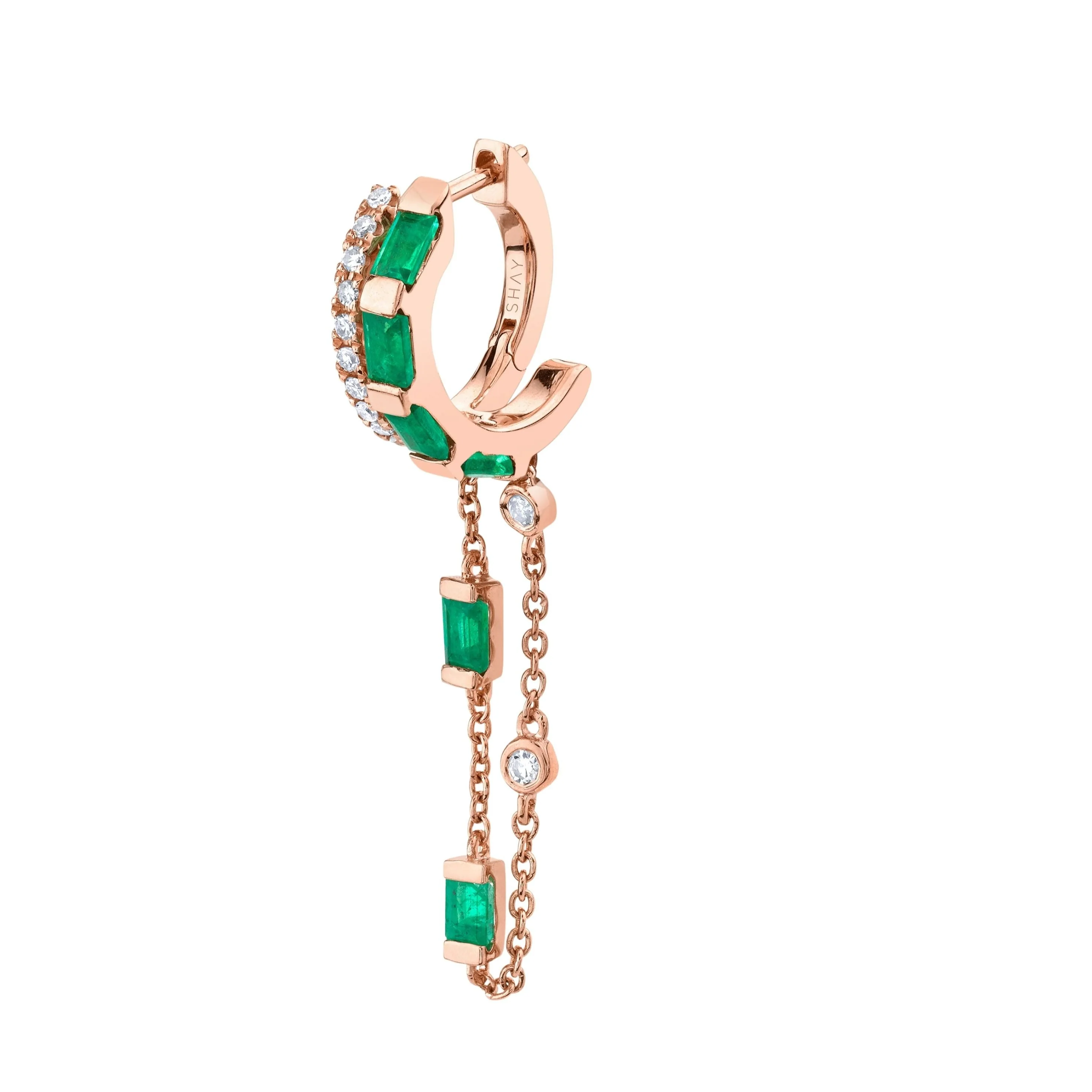 SINGLE EMERALD & DIAMOND DOUBLE FRINGE HUGGIE - Image 3