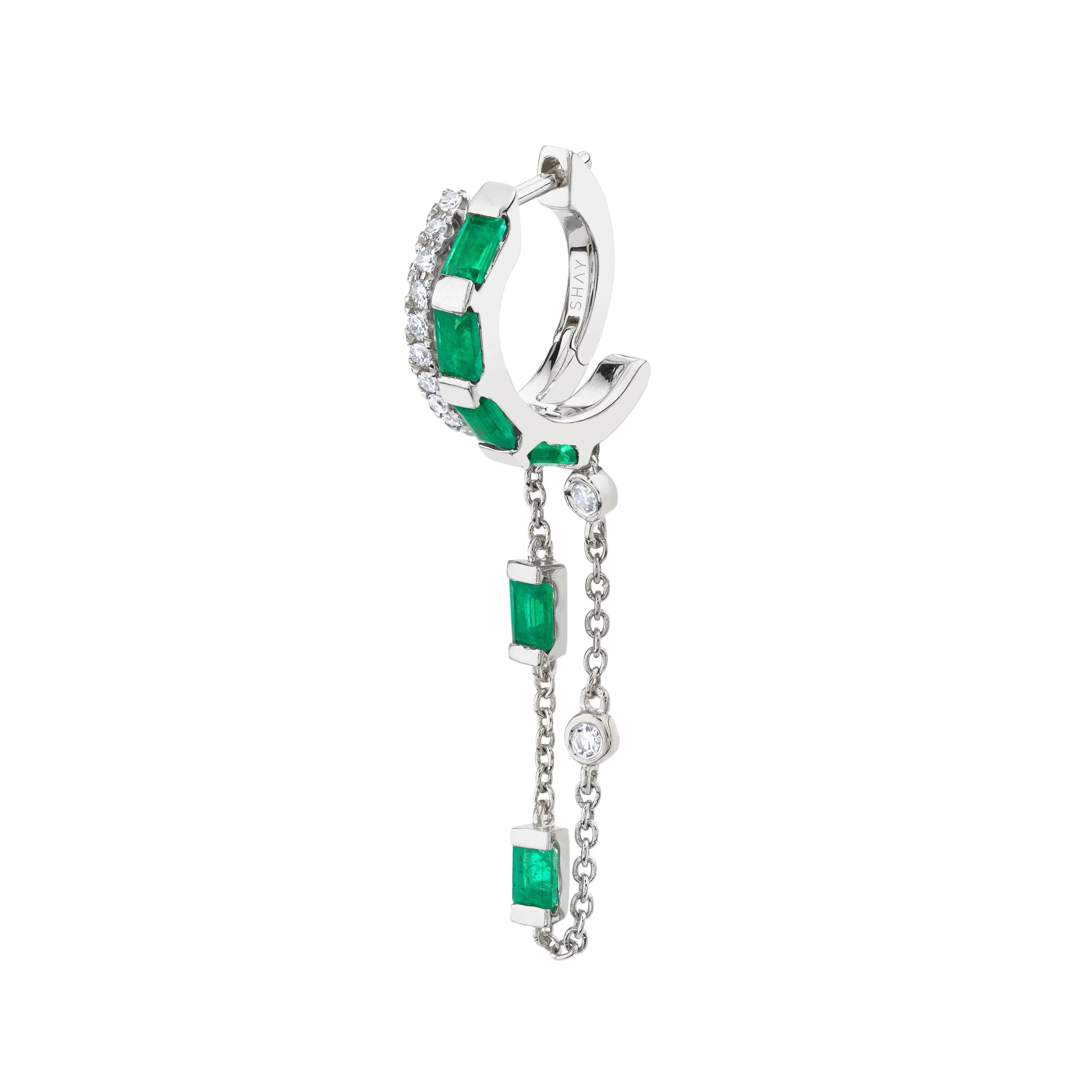SINGLE EMERALD & DIAMOND DOUBLE FRINGE HUGGIE - Image 4