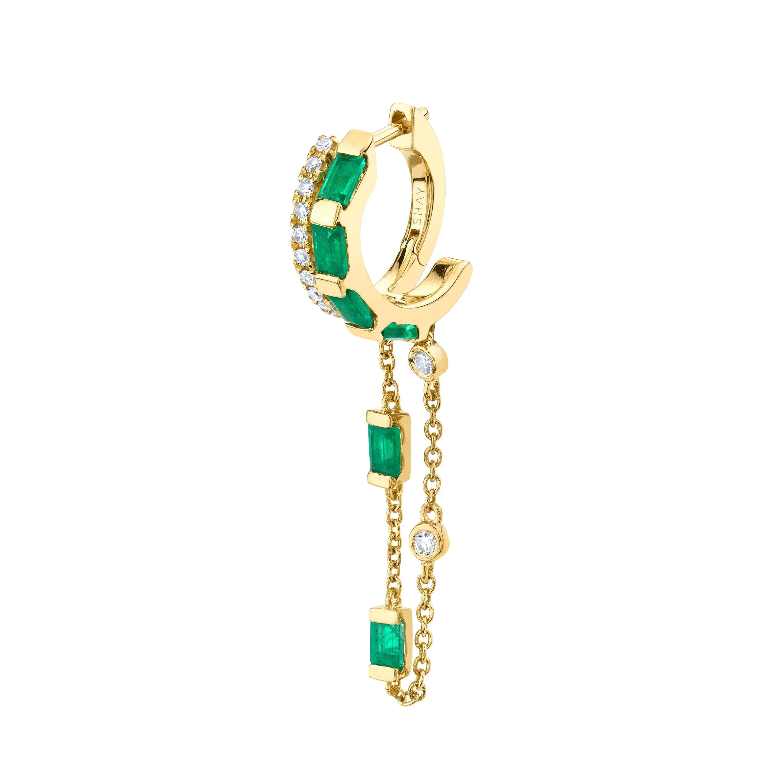 SINGLE EMERALD & DIAMOND DOUBLE FRINGE HUGGIE - Image 6