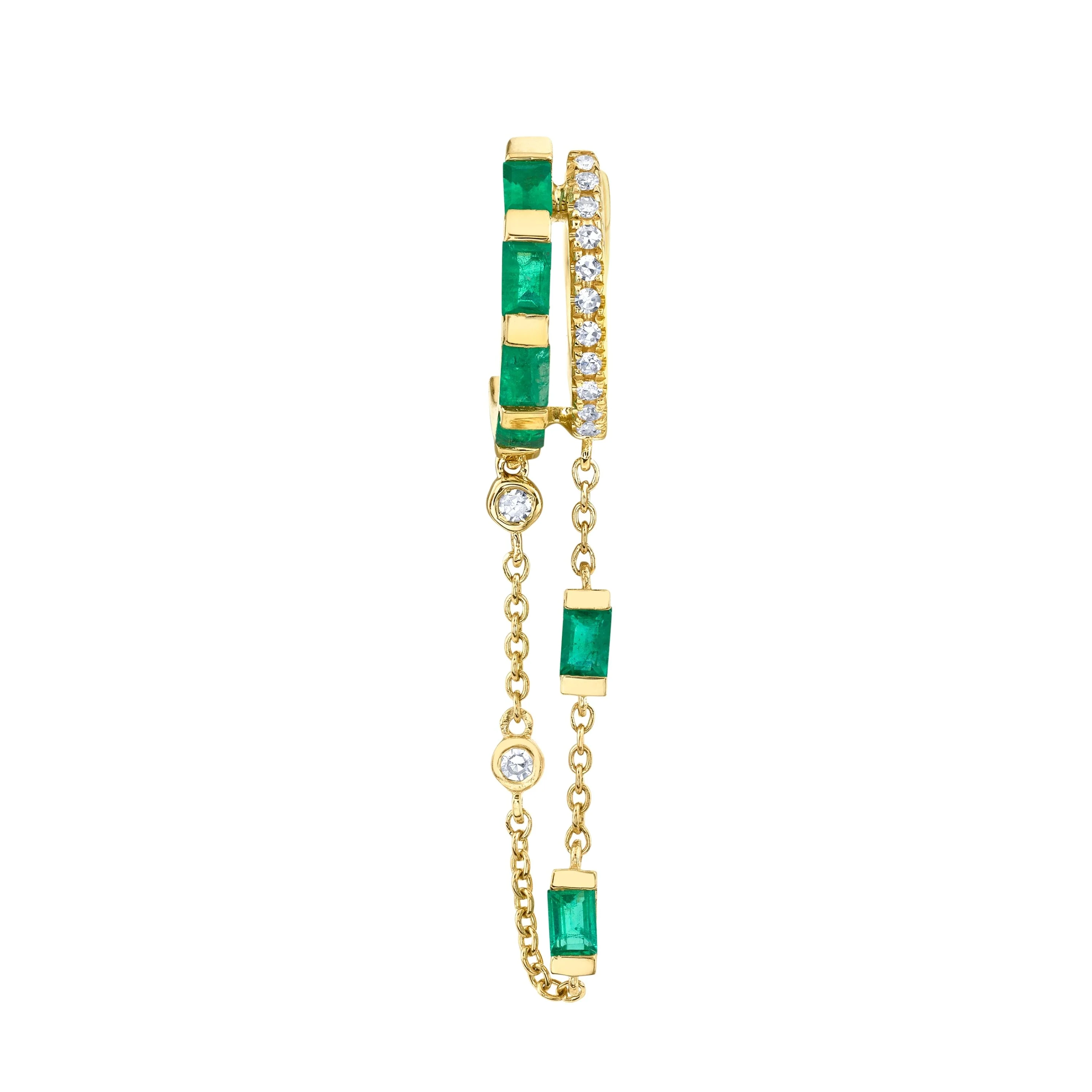 SINGLE EMERALD & DIAMOND DOUBLE FRINGE HUGGIE - Image 7