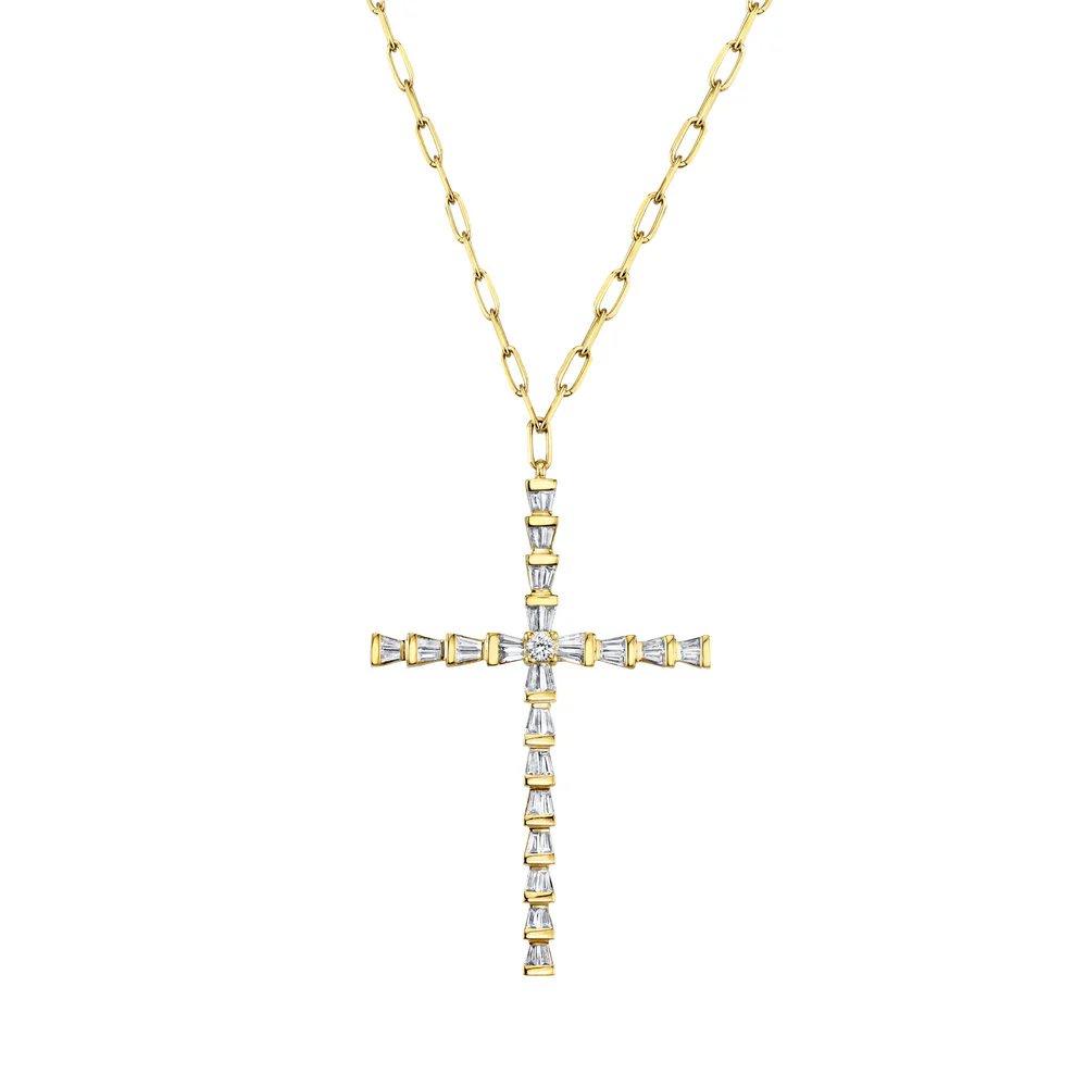 READY TO SHIP DIAMOND TAPERED BAGUETTE CROSS NECKLACE