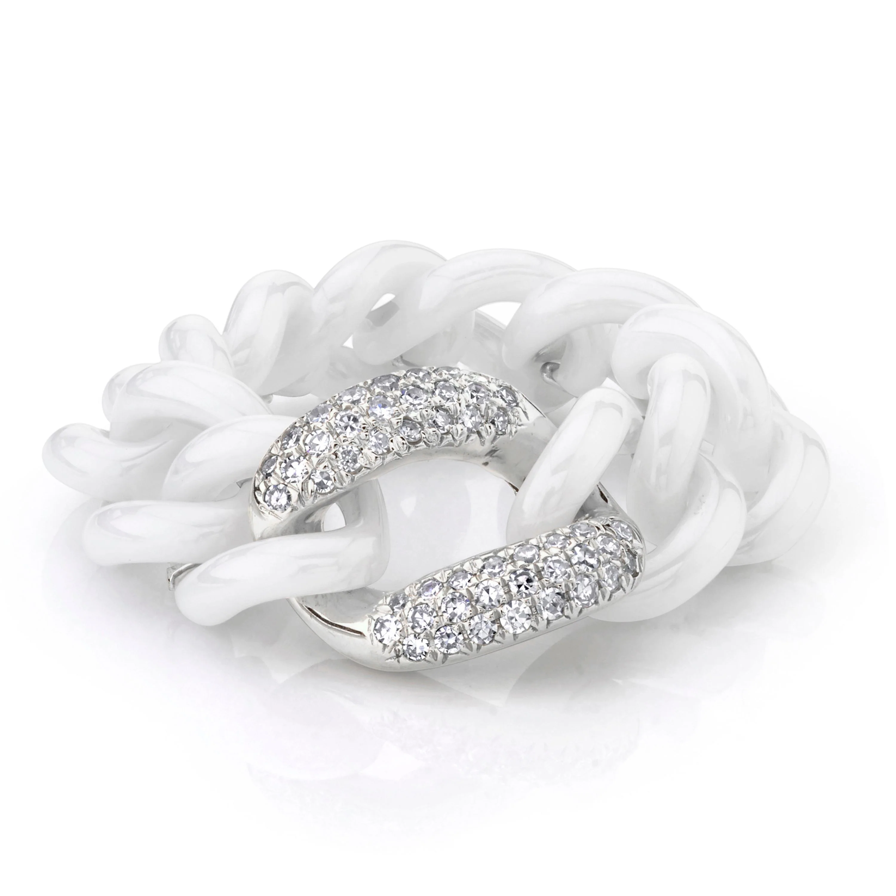 WHITE DIAMOND & WHITE CERAMIC PAVE MEDIUM LINK RING - Image 4