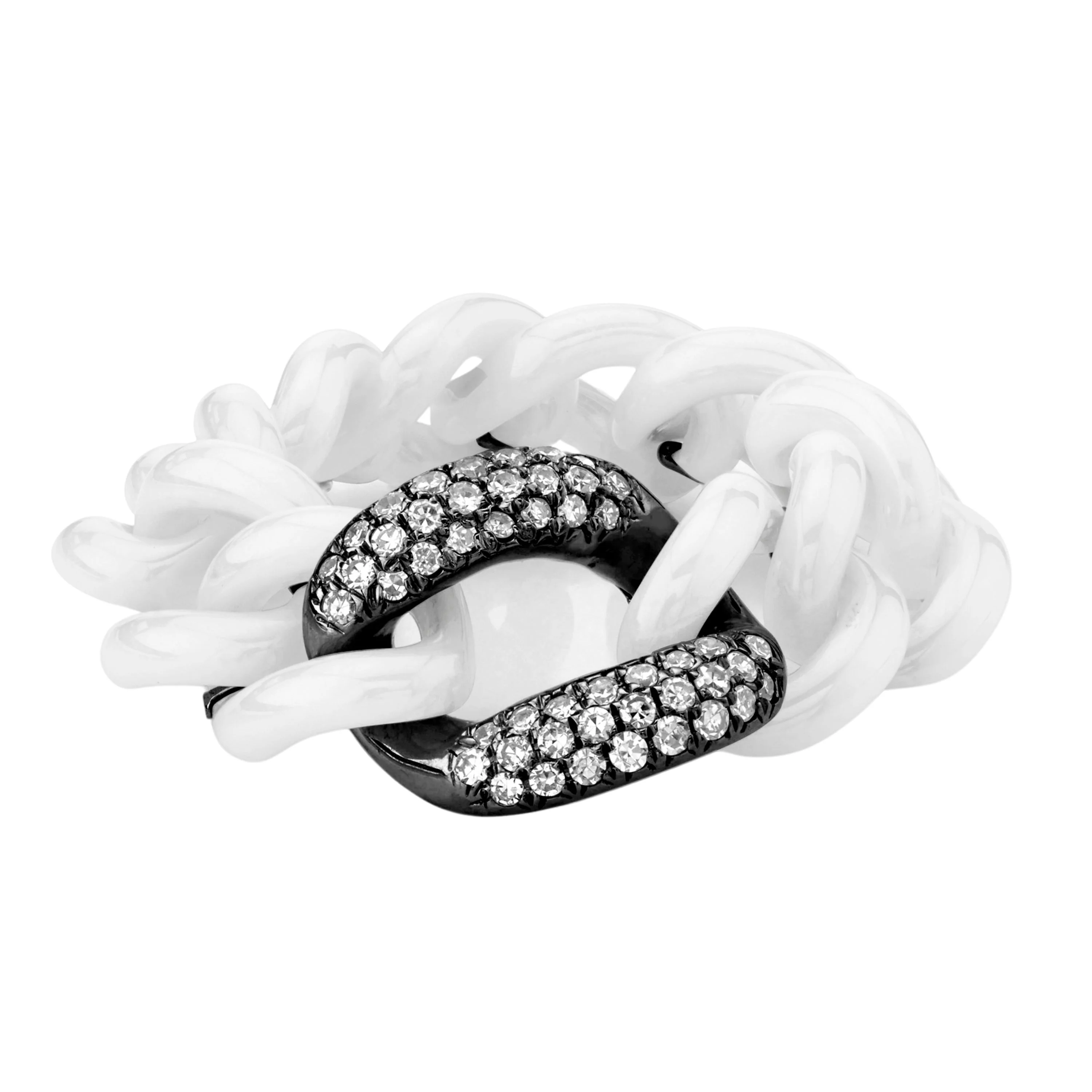 WHITE DIAMOND & WHITE CERAMIC PAVE MEDIUM LINK RING - Image 5
