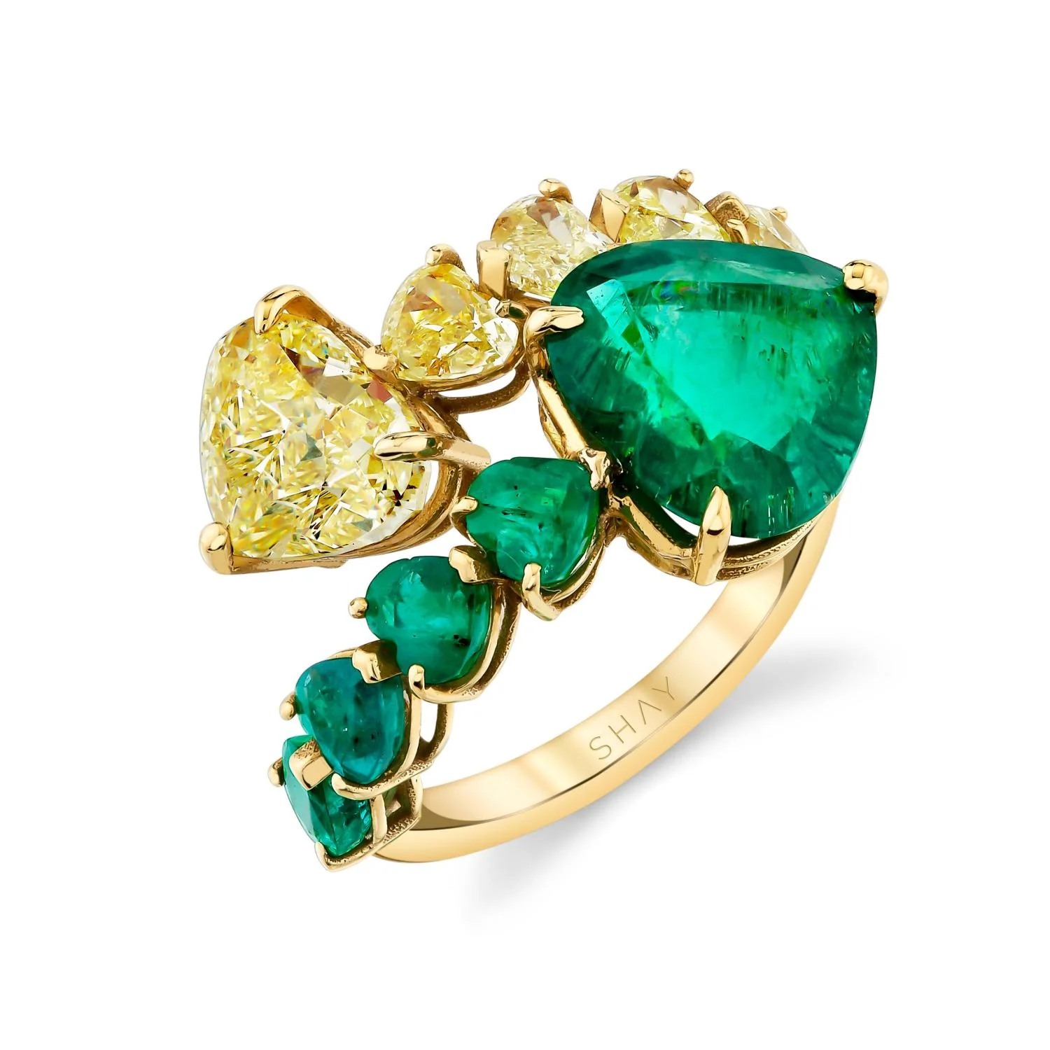 YELLOW DIAMOND & EMERALD HEART BYPASS RING - Image 3
