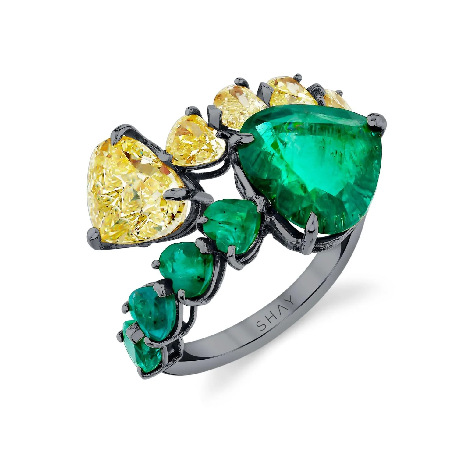 YELLOW DIAMOND & EMERALD HEART BYPASS RING - Image 4