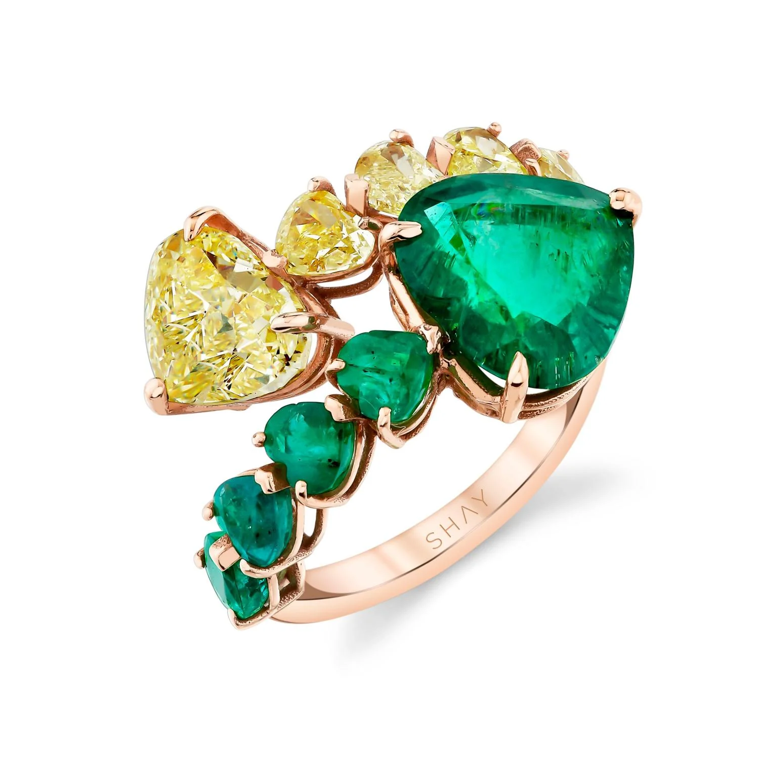 YELLOW DIAMOND & EMERALD HEART BYPASS RING - Image 5